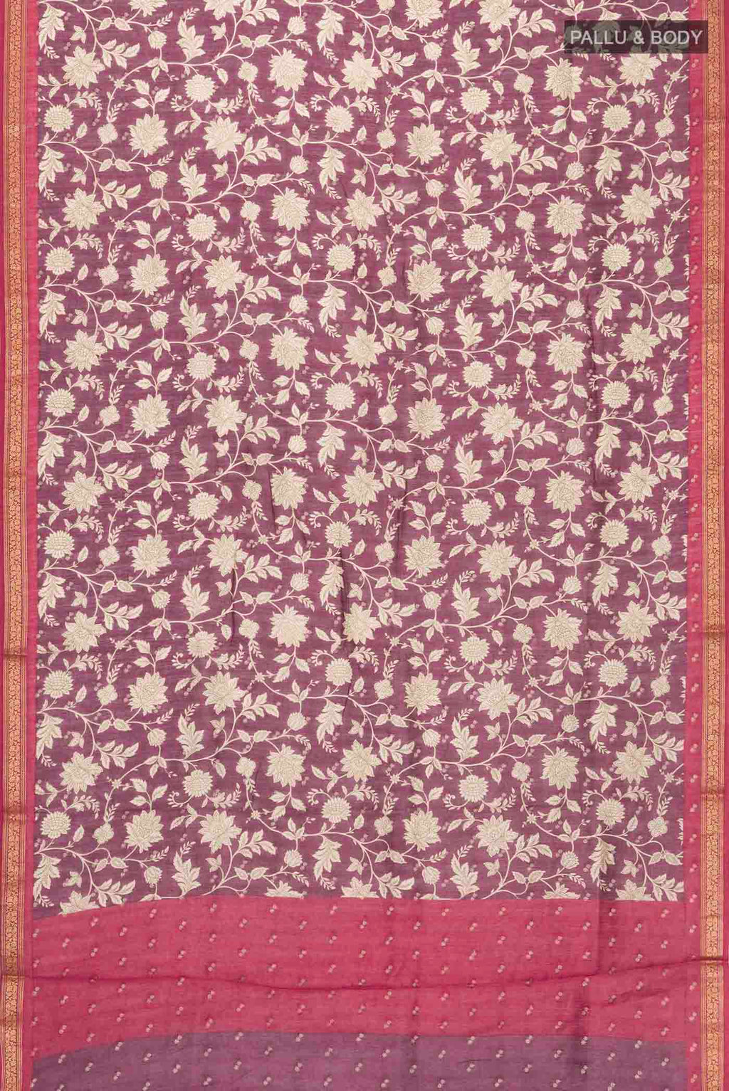 Flat view of Purple Tussar Silk Saree with Printed design on the body and Zari Border