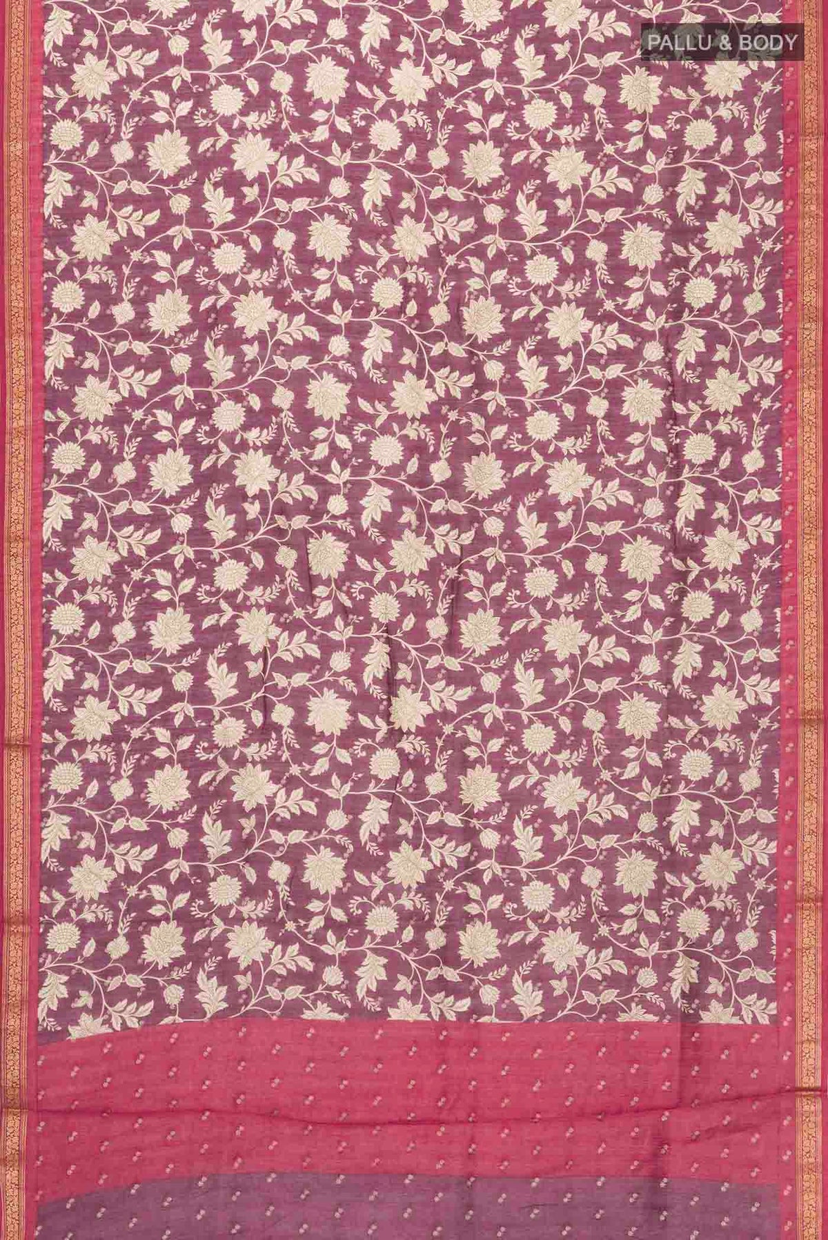 Flat view of Purple Tussar Silk Saree with Printed design on the body and Zari Border