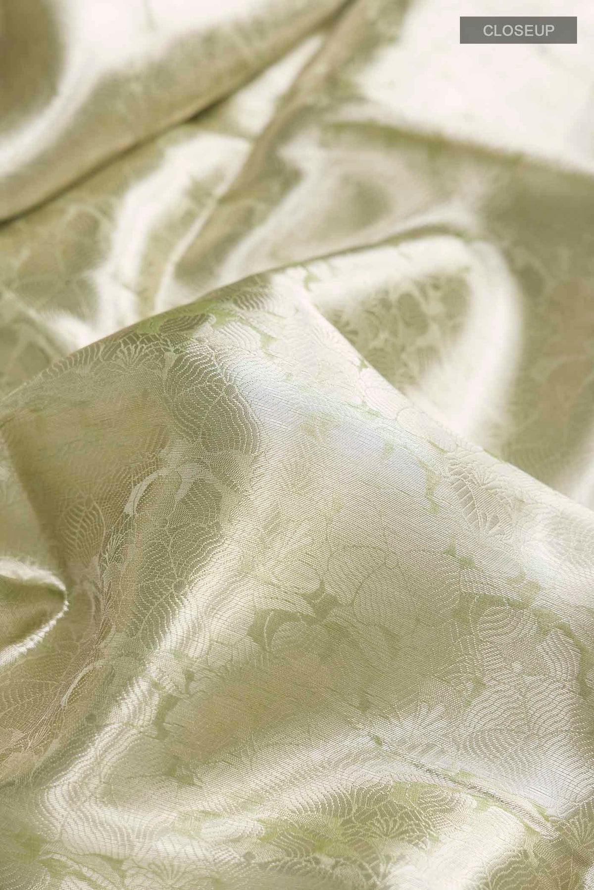 Close up of Green Tissue Silk Saree with Zari Brocade on the body and Zari Border displaying folds