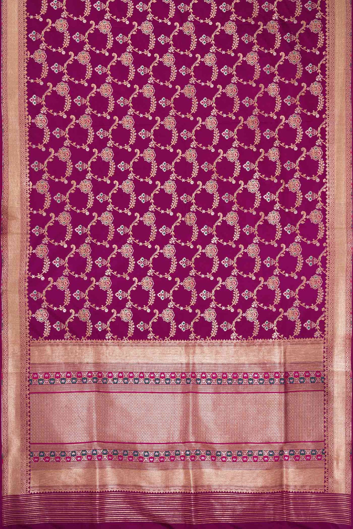 Flat view of Magenta Dual Tone Banarasi Silk Saree with Zari And Thread Butta on the body and Zari Border