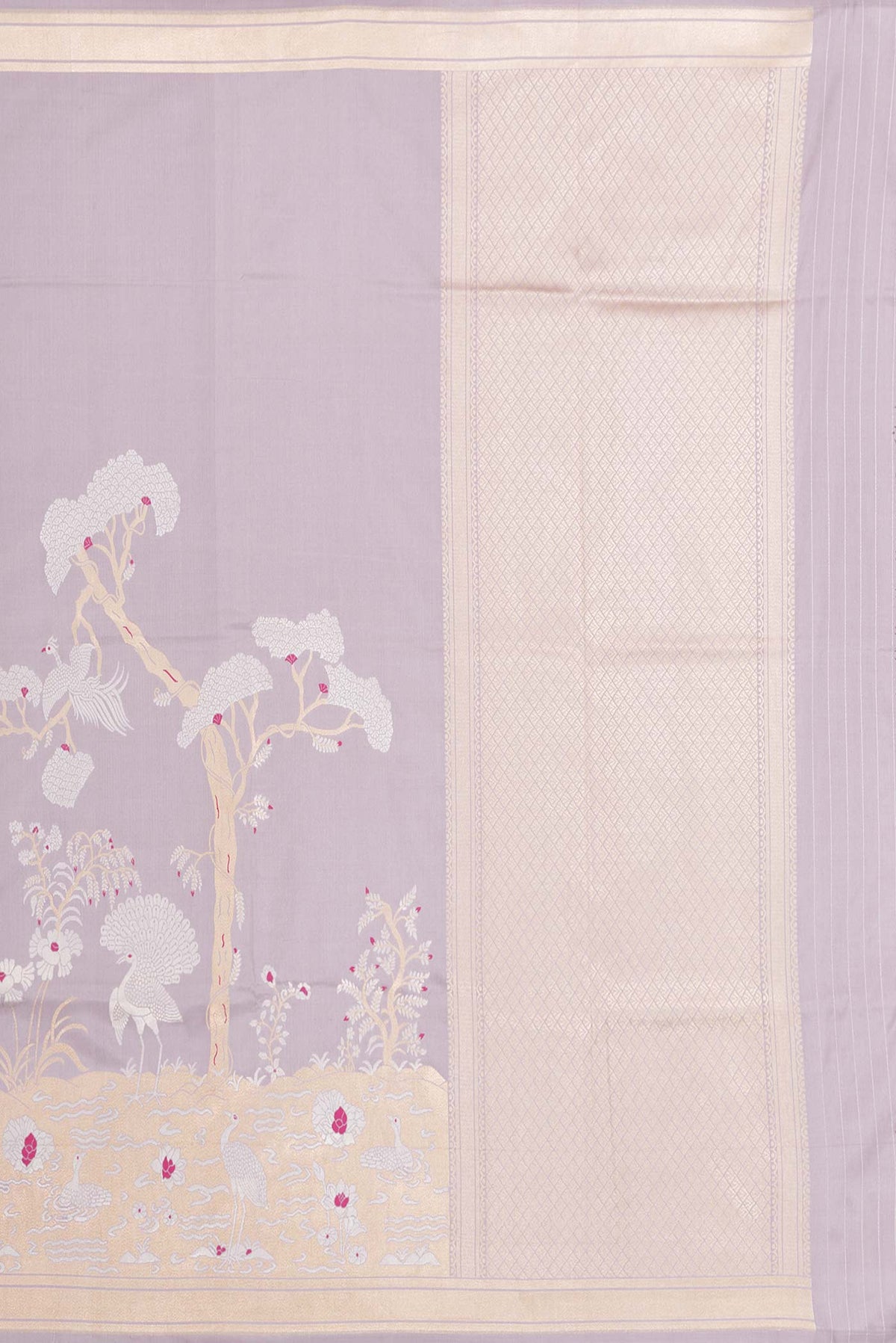 Close up image of the pallu of Lavender Dual Tone Banarasi Saree with Zari Butta on the body and Fancy Border