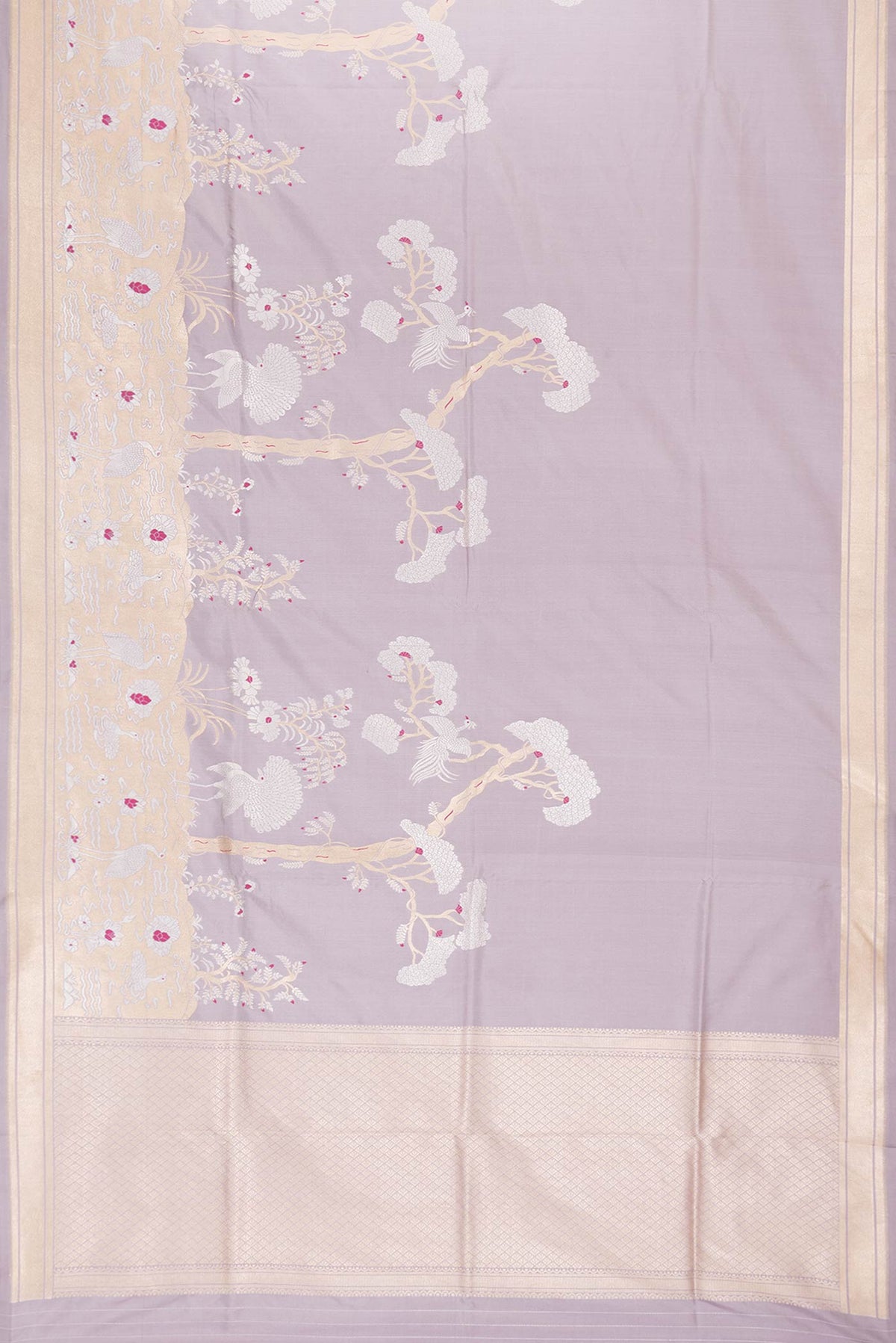 Flat view of Lavender Dual Tone Banarasi Saree with Zari Butta on the body and Fancy Border