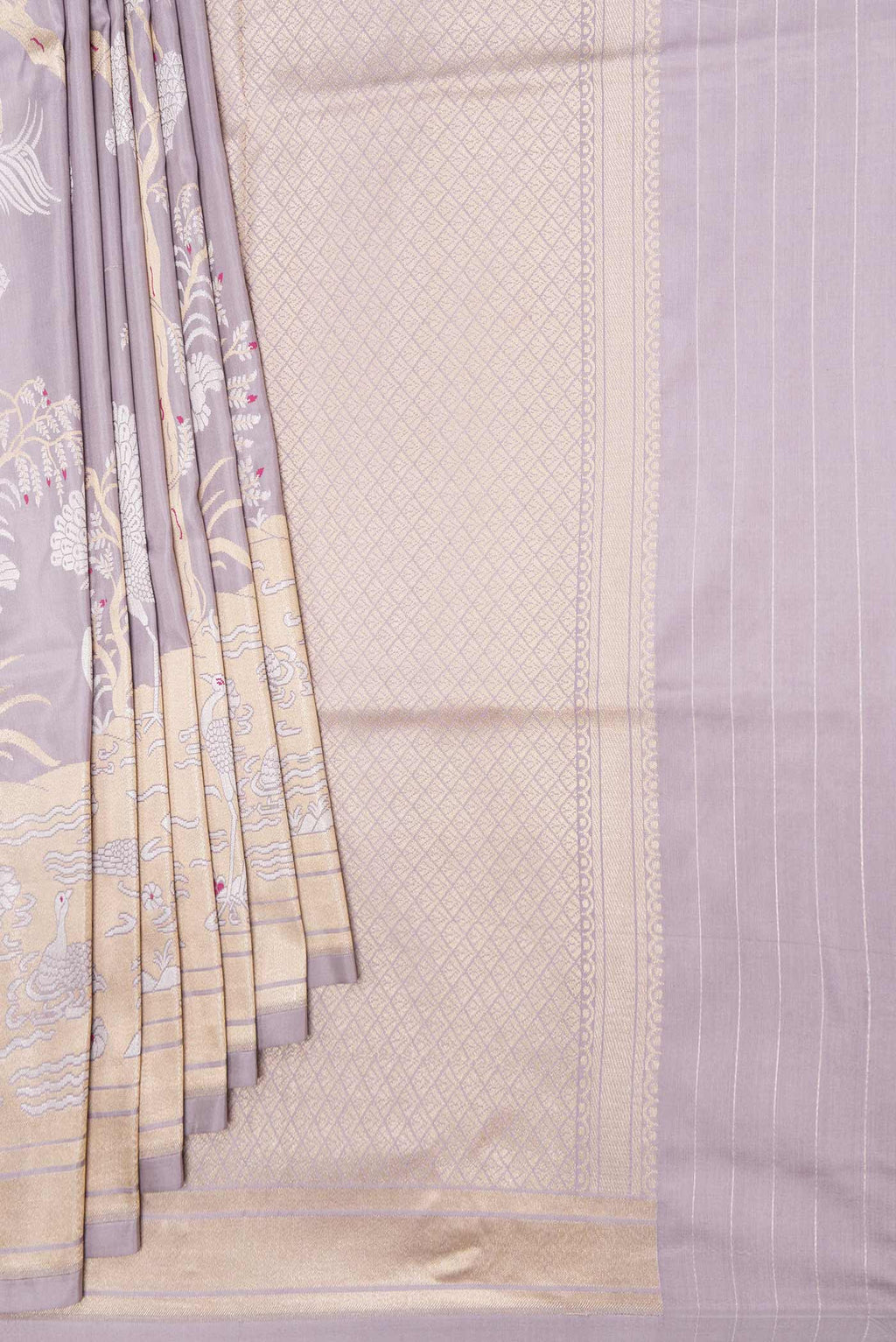 Pleats and pallu of Lavender Dual Tone Banarasi Saree with Zari Butta on the body and Fancy Border