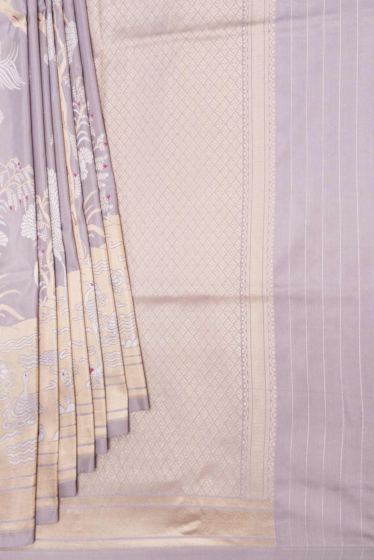 Pleats and pallu of Lavender Dual Tone Banarasi Saree with Zari Butta on the body and Fancy Border