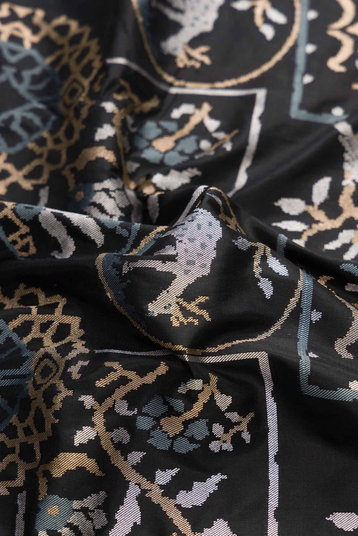Close up of Black Dual Tone Banarasi Silk Saree with Zari Brocade on the body and Fancy Border displaying folds