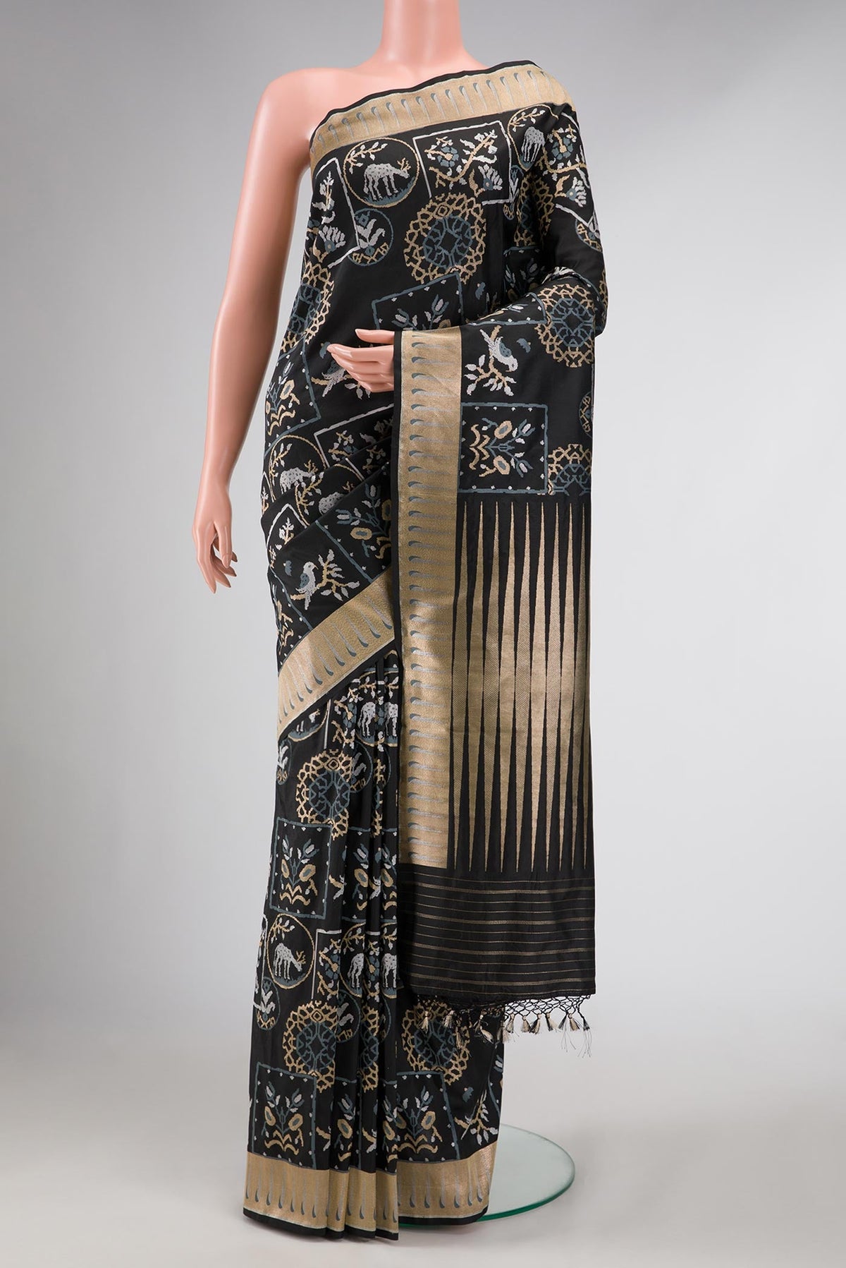 Black Dual Tone Banarasi Silk Saree with Zari Brocade on the body and Fancy Border displayed on a mannequin