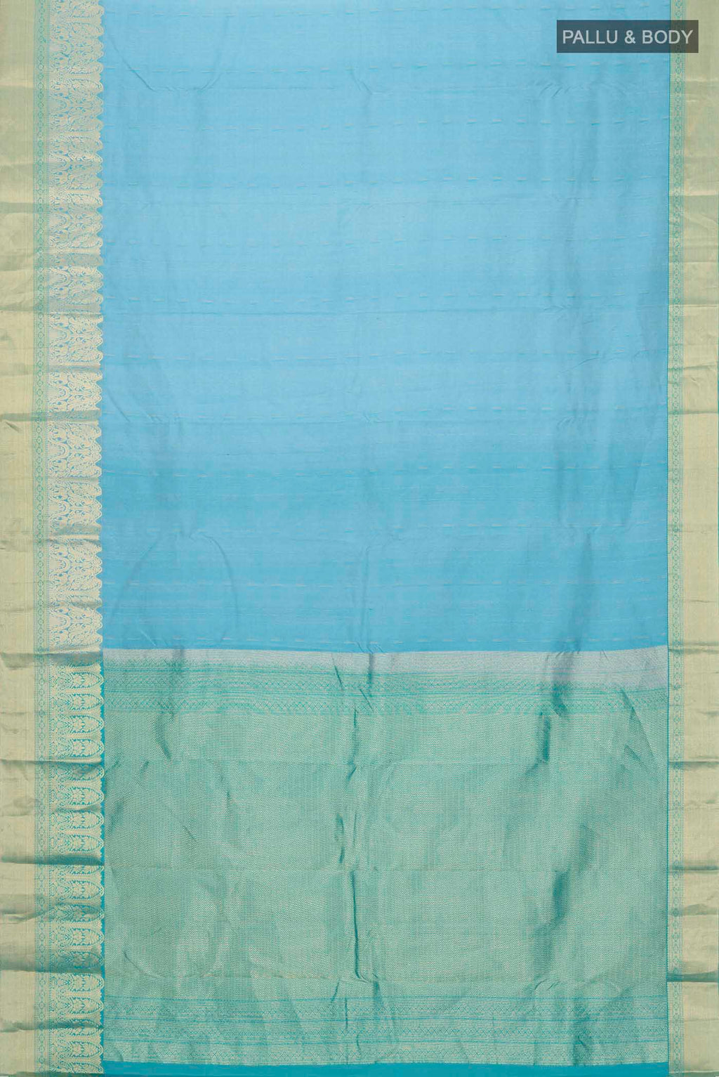 Flat view of Blue Kanchipuram Silk Saree with Zari Butta on the body and Zari Border