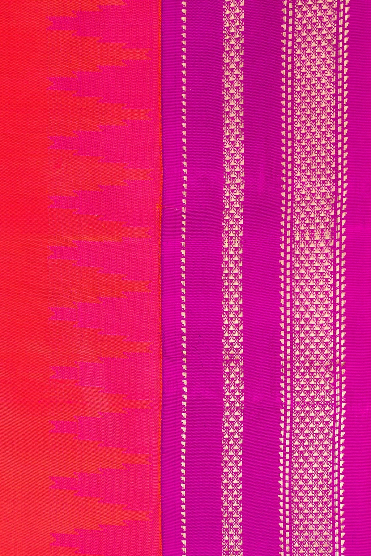 Border image of Coral Dual Tone Kanchipuram Silk Saree with Plain Body and Ganga Jamuna Border. 