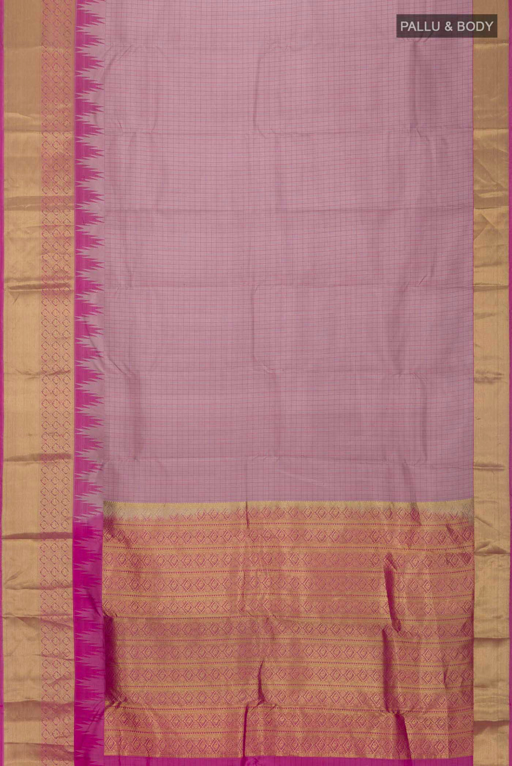Flat view of Mauve Kanchipuram Silk Saree with Checked design on the body and Zari Border