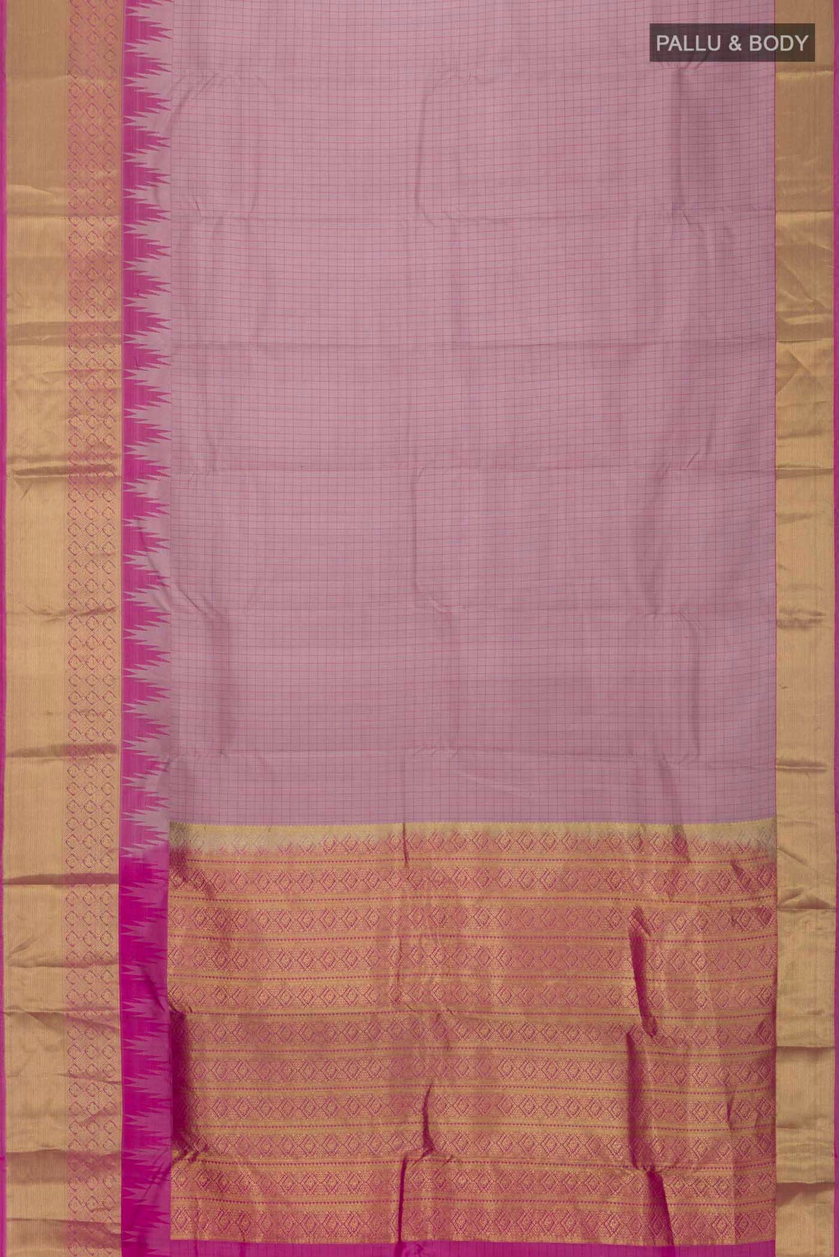 Flat view of Mauve Kanchipuram Silk Saree with Checked design on the body and Zari Border