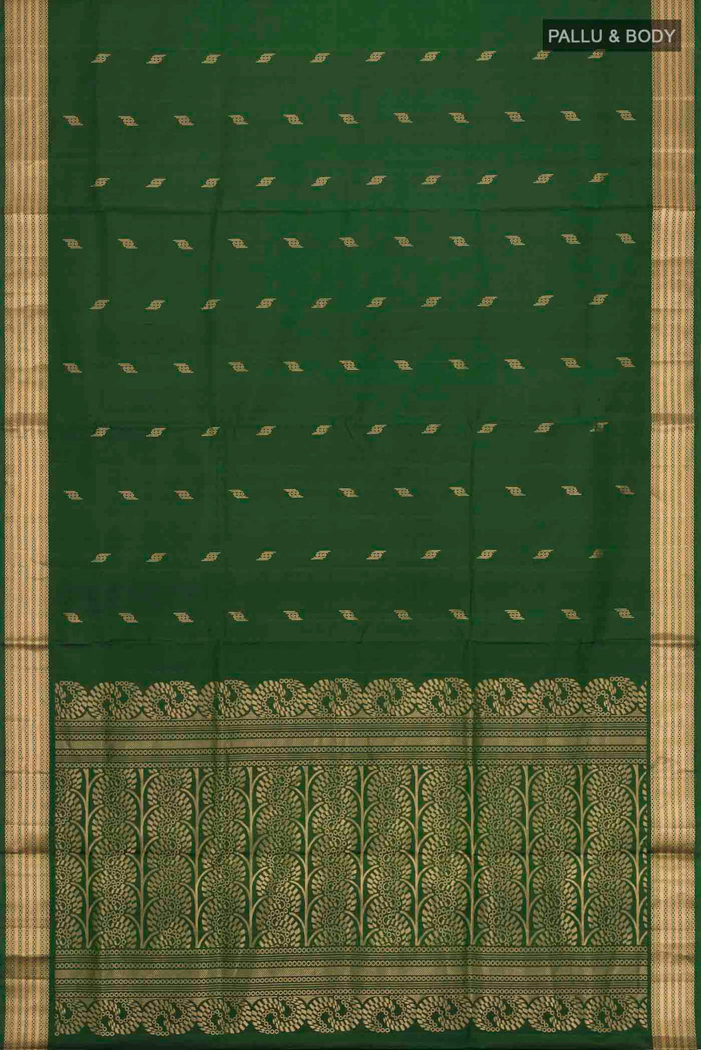 Flat view of Green Soft Silk Saree with Zari Butta on the body and Zari Border