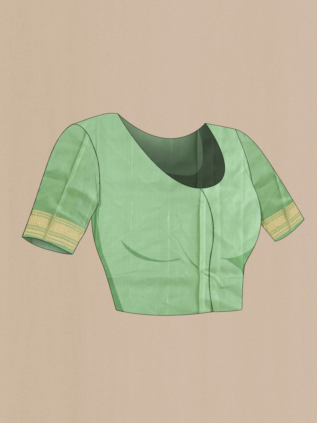 Close up image of the blouse of Green Soft Silk Saree with Zari Butta on the body and Zari Border