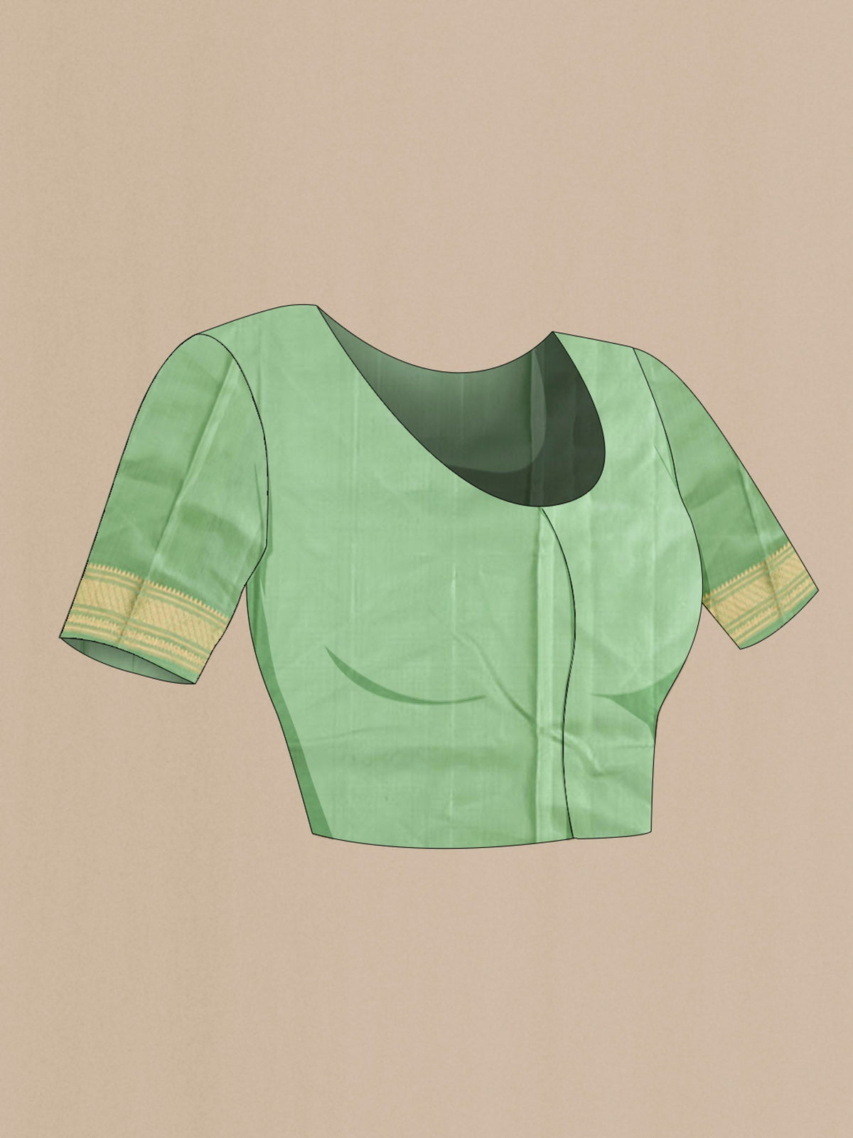 Close up image of the blouse of Green Soft Silk Saree with Zari Butta on the body and Zari Border