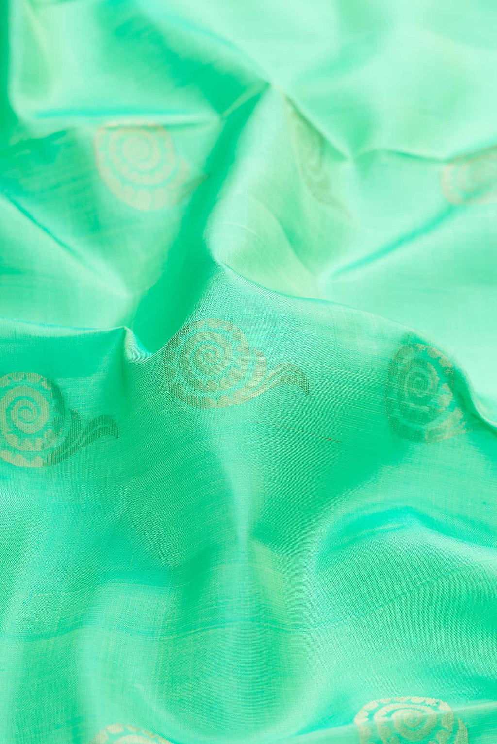 Close up of Light Green Dual Tone Soft Silk Saree with Zari Butta on the body and Zari Border displaying folds
