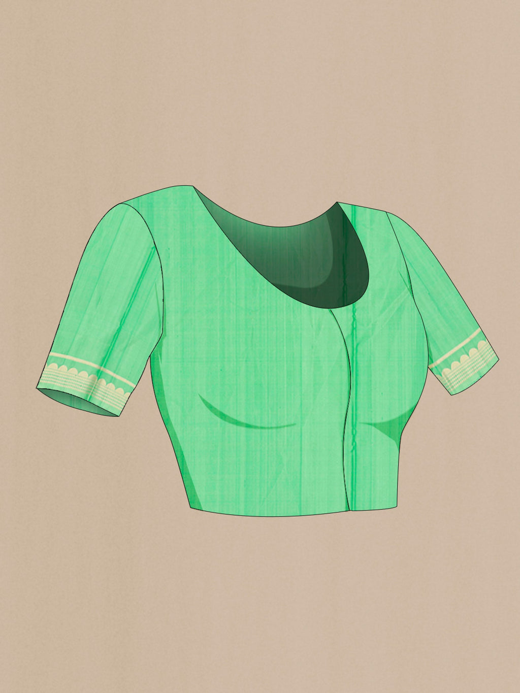 Close up image of the blouse of Green Soft Silk Saree with Zari Butta on the body and Zari Border