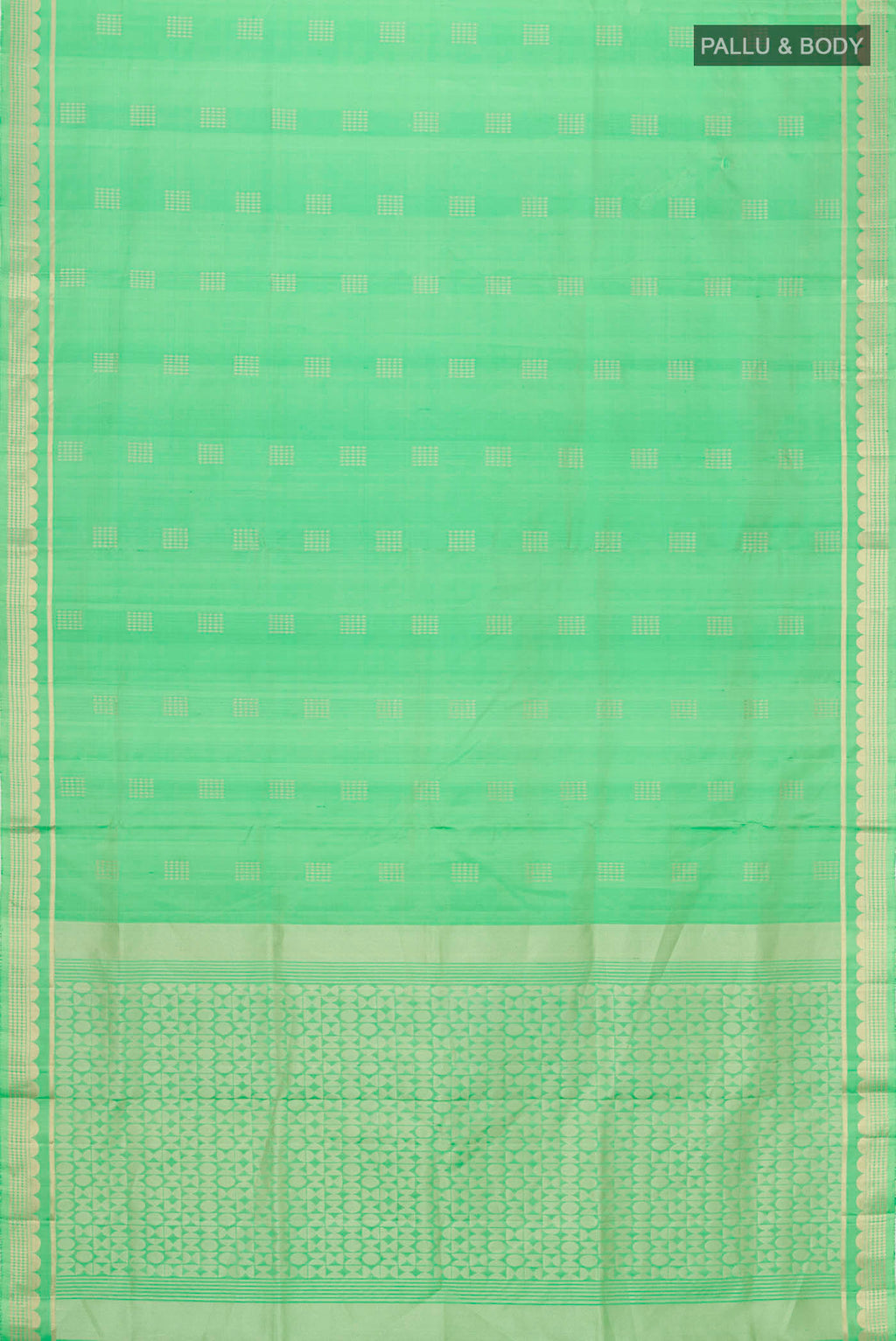 Flat view of Green Soft Silk Saree with Zari Butta on the body and Zari Border
