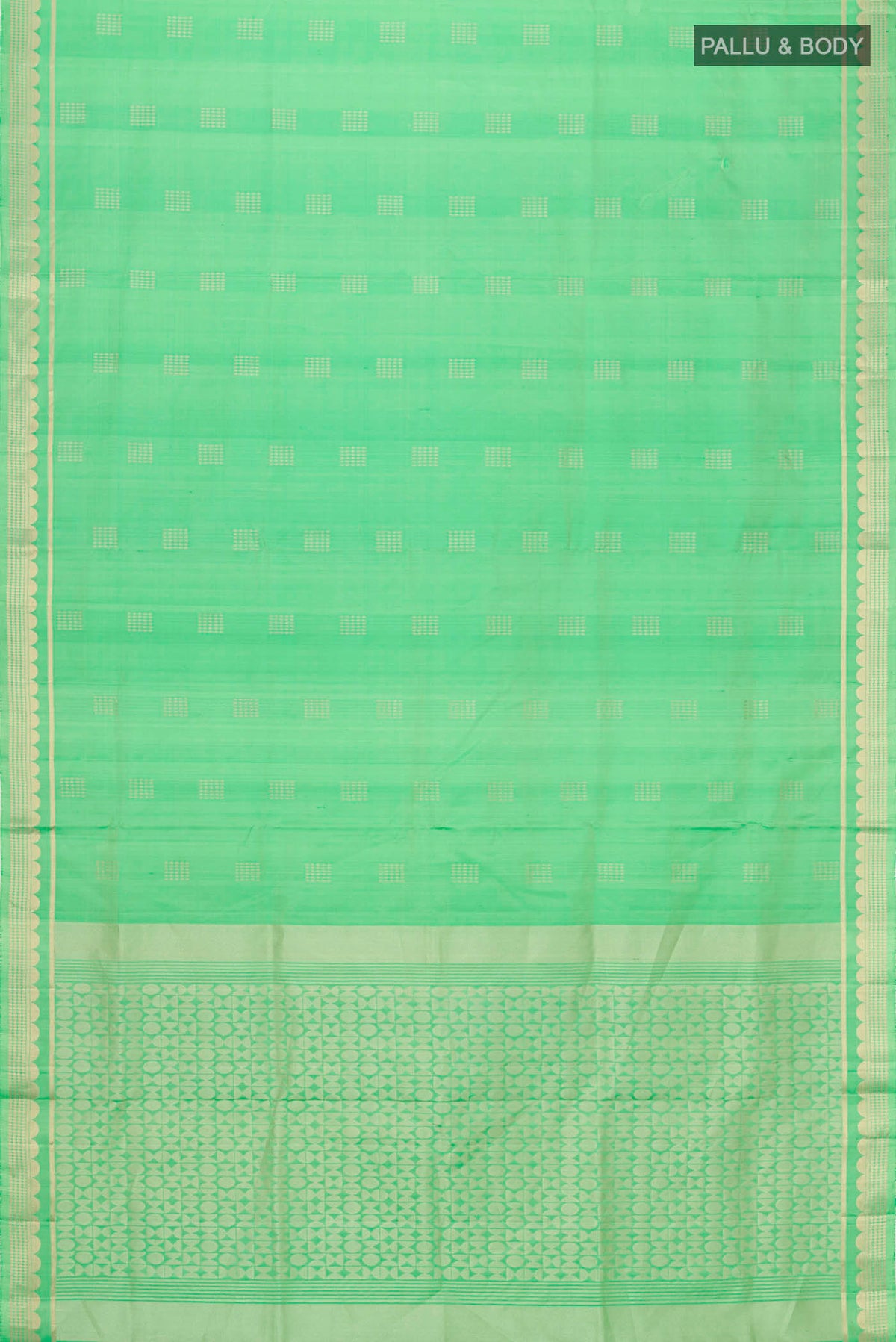 Flat view of Green Soft Silk Saree with Zari Butta on the body and Zari Border