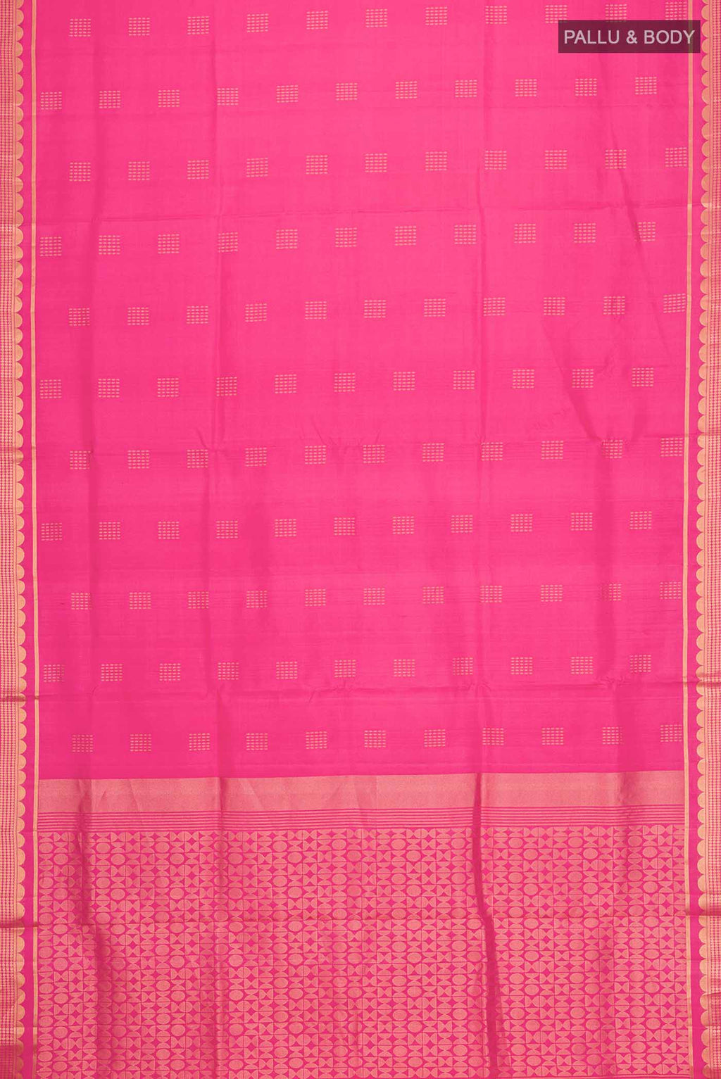 Flat view of Pink Soft Silk Saree with Zari Butta on the body and Zari Border