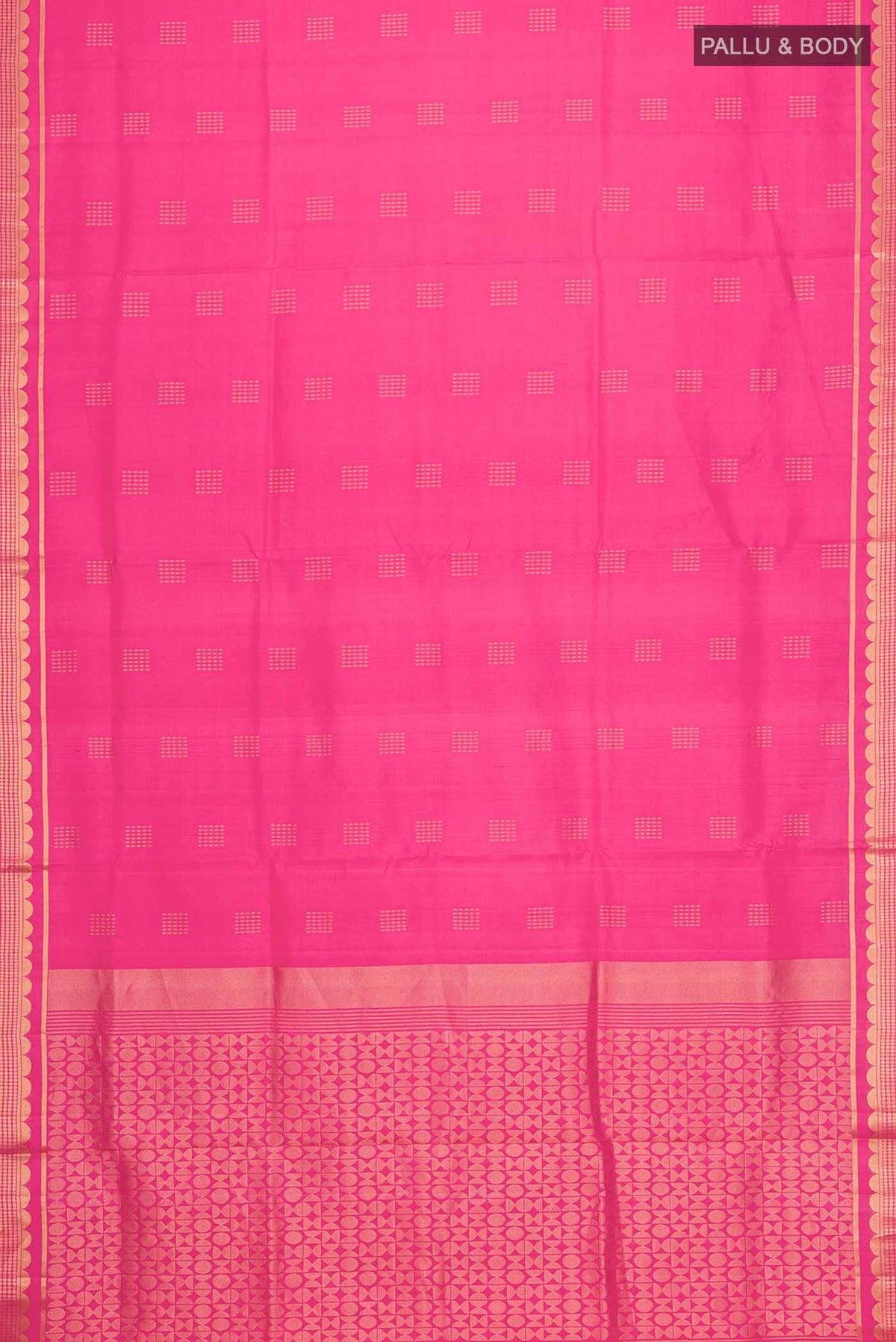 Flat view of Pink Soft Silk Saree with Zari Butta on the body and Zari Border