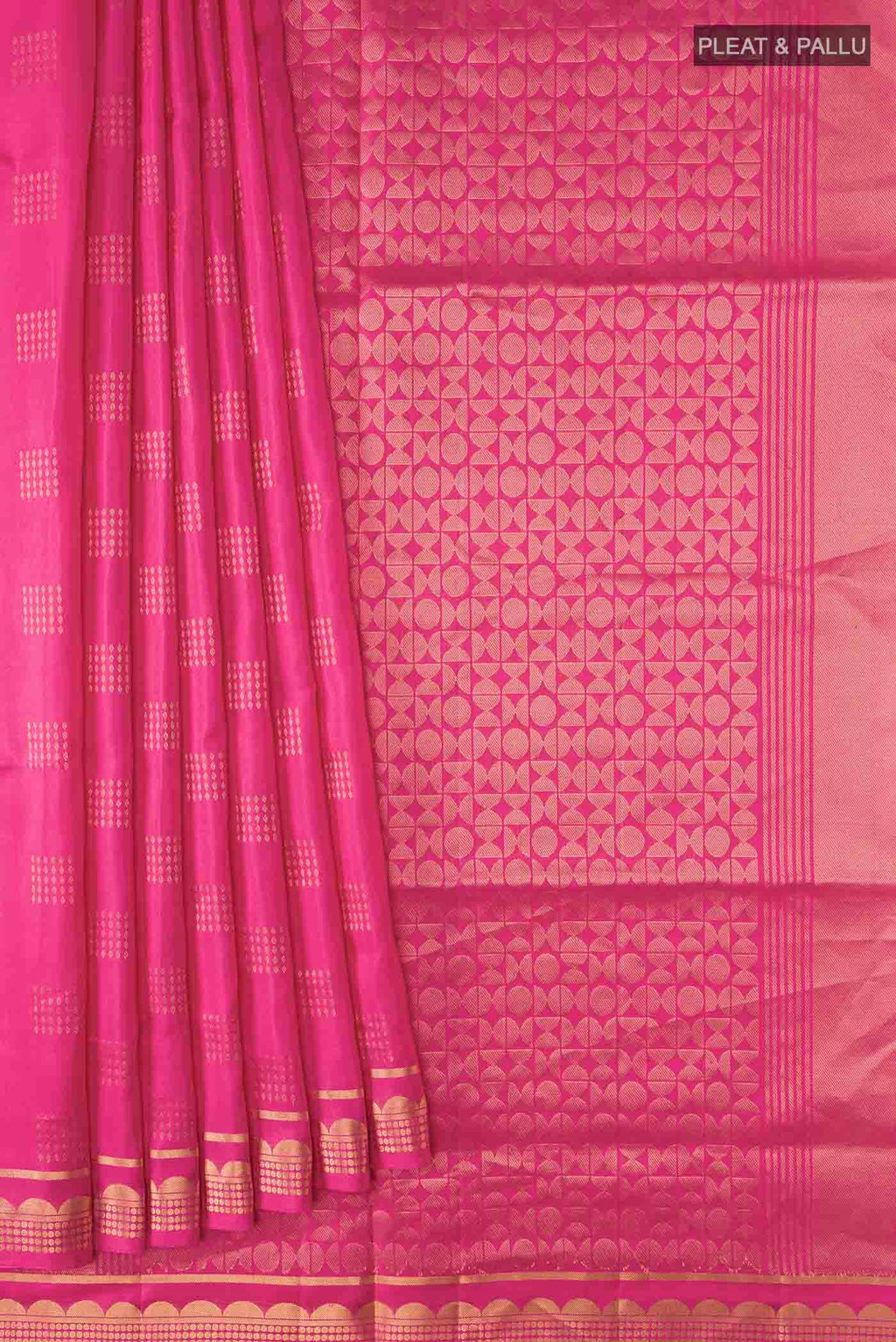 Pleats and pallu of Pink Soft Silk Saree with Zari Butta on the body and Zari Border