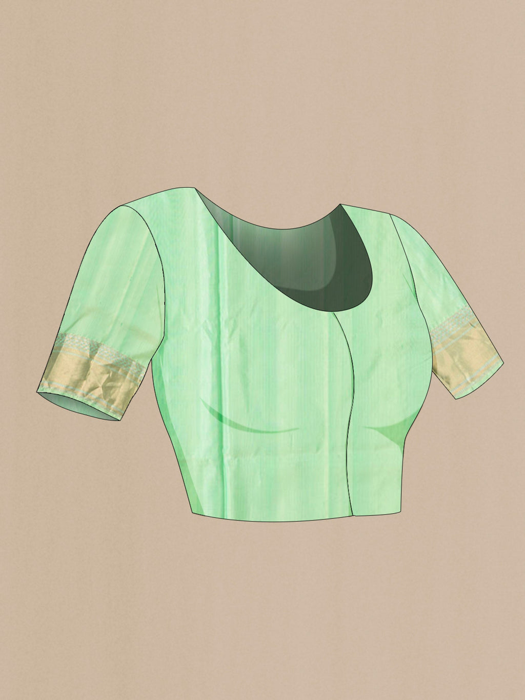 Close up image of the blouse of Green Soft Silk Saree with Zari Butta on the body and Zari Border