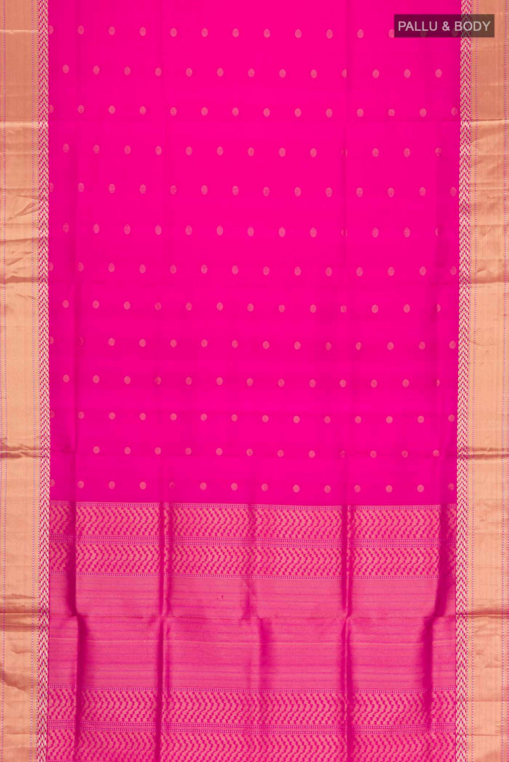Flat view of Pink Soft Silk Saree with Zari Butta on the body and Zari Border