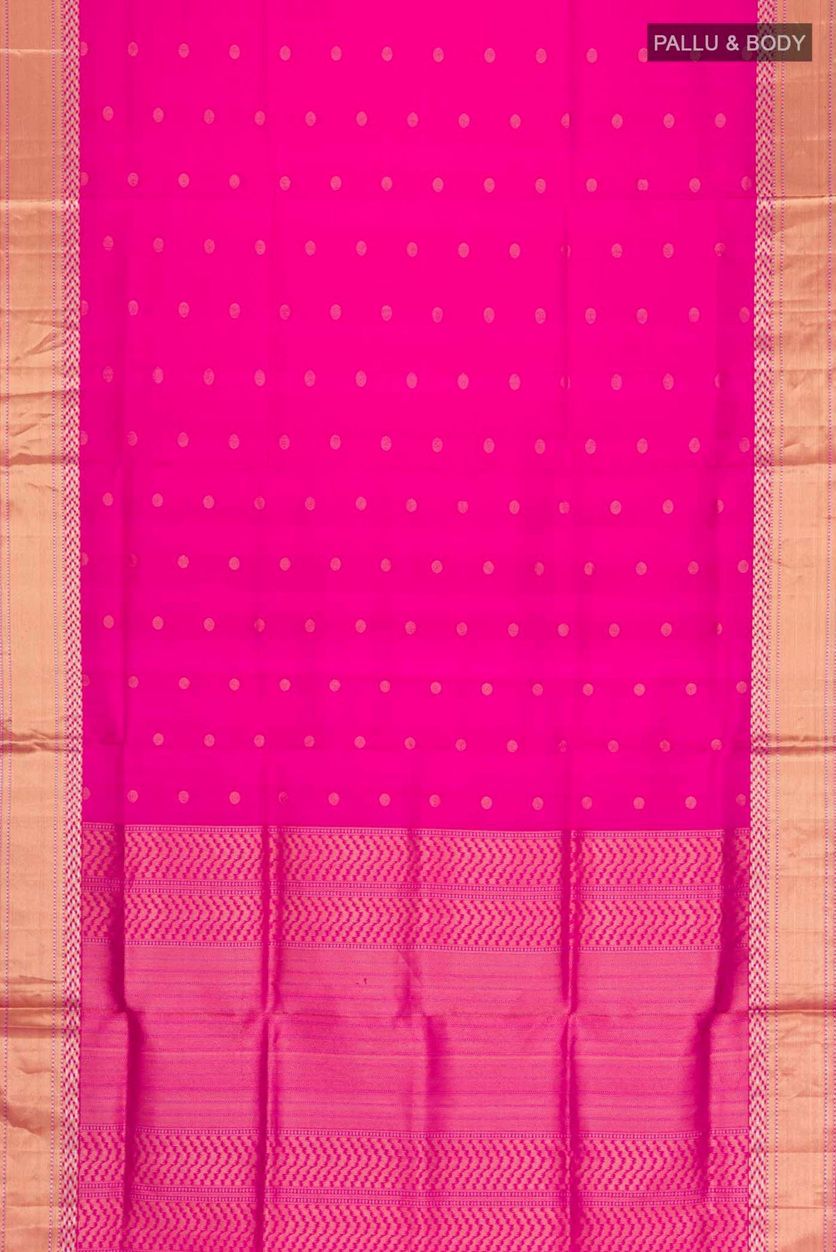 Flat view of Pink Soft Silk Saree with Zari Butta on the body and Zari Border