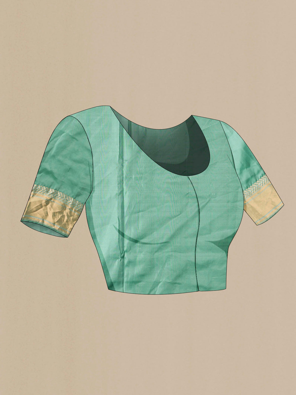 Close up image of the blouse of Green Soft Silk Saree with Zari Butta on the body and Zari Border