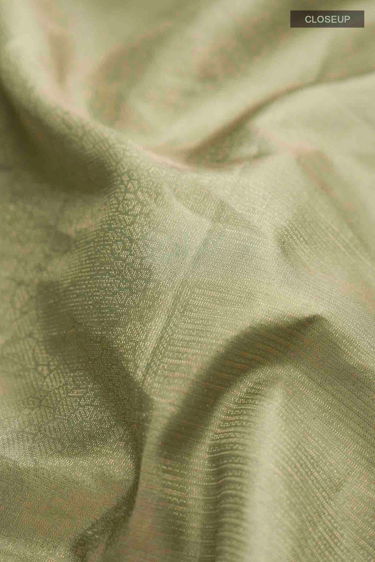 Close up of Green Soft Silk Saree with Zari Butta on the body and Zari Border displaying folds
