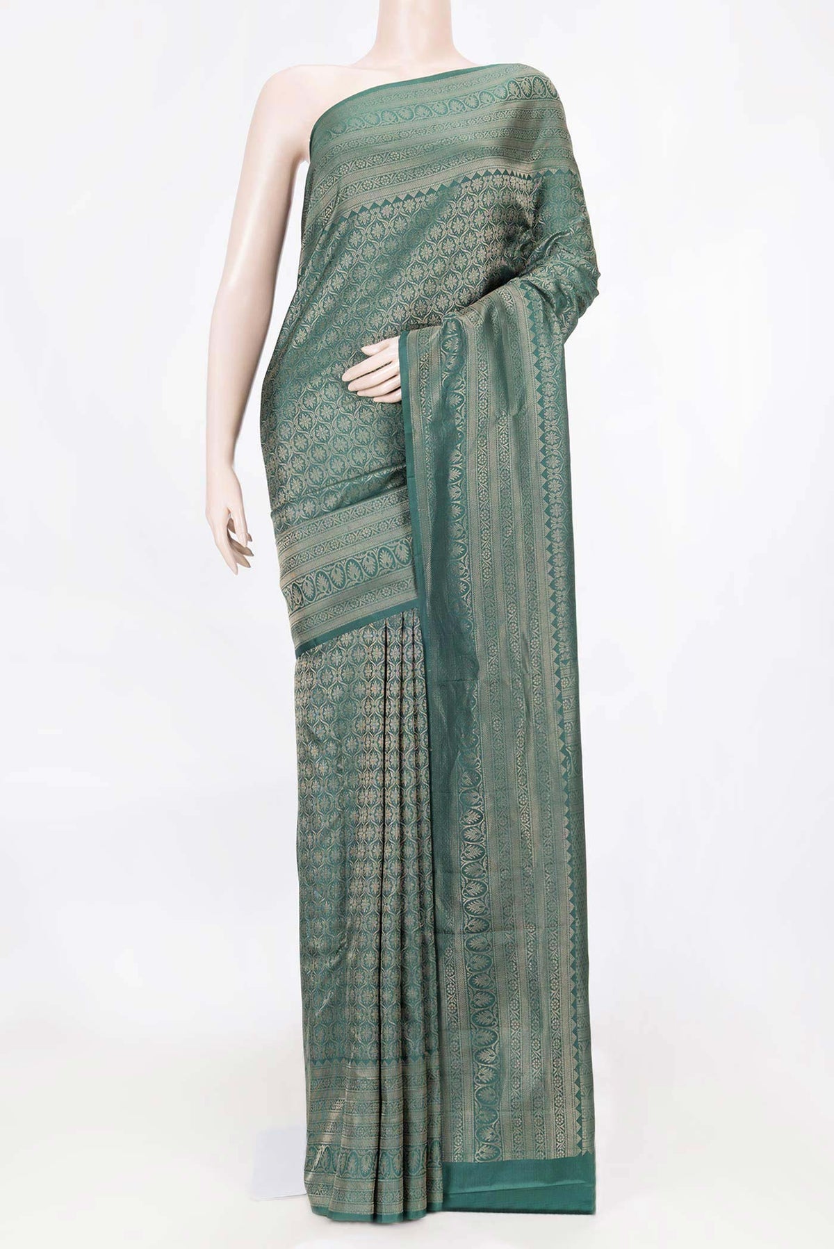 Bottle Green Dual Tone Soft Silk Saree with Zari Brocade on the body and Zari Border displayed on a mannequin