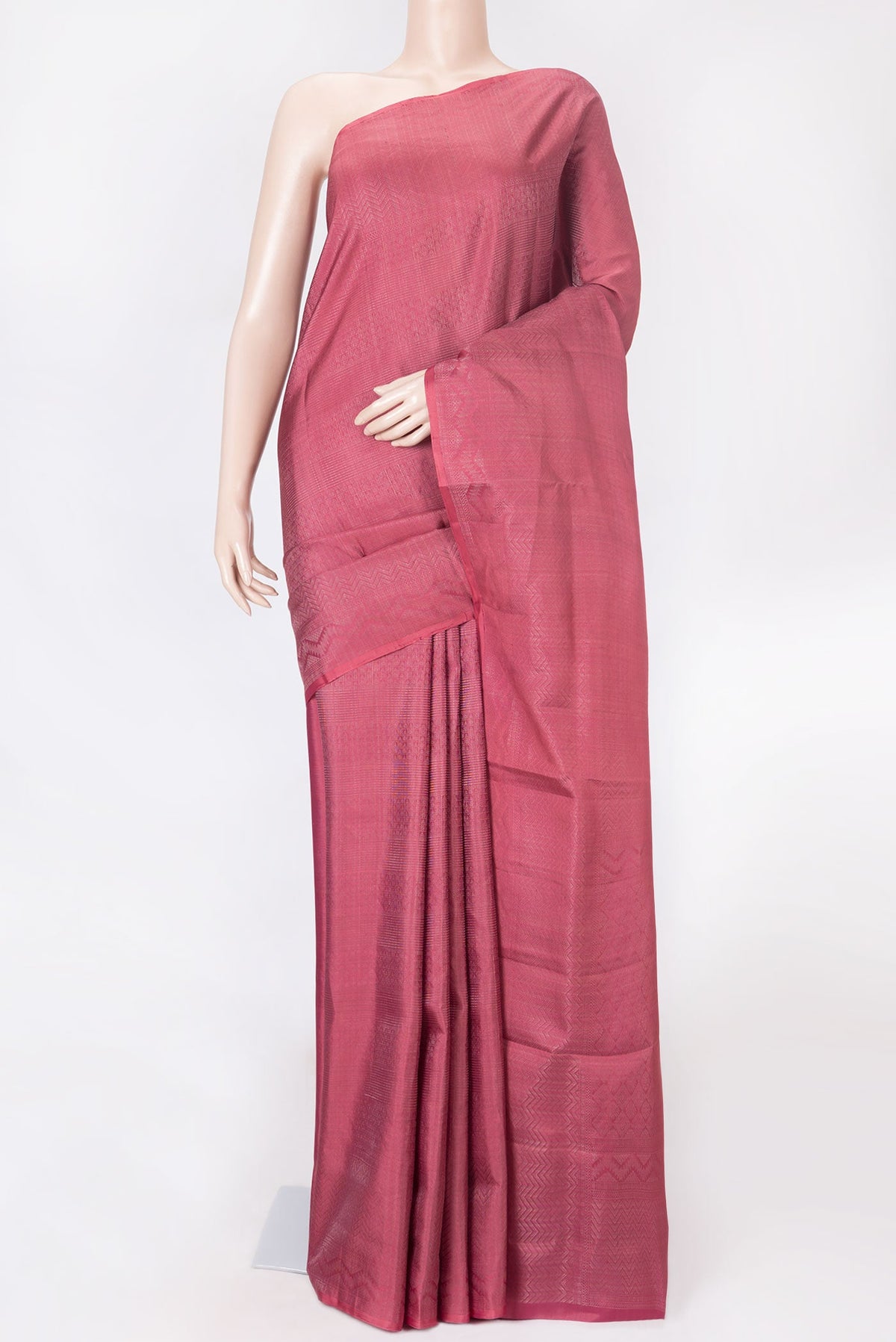 Rani Pink Dual Tone Soft Silk Saree with Zari Brocade on the body and Zari Border displayed on a mannequin