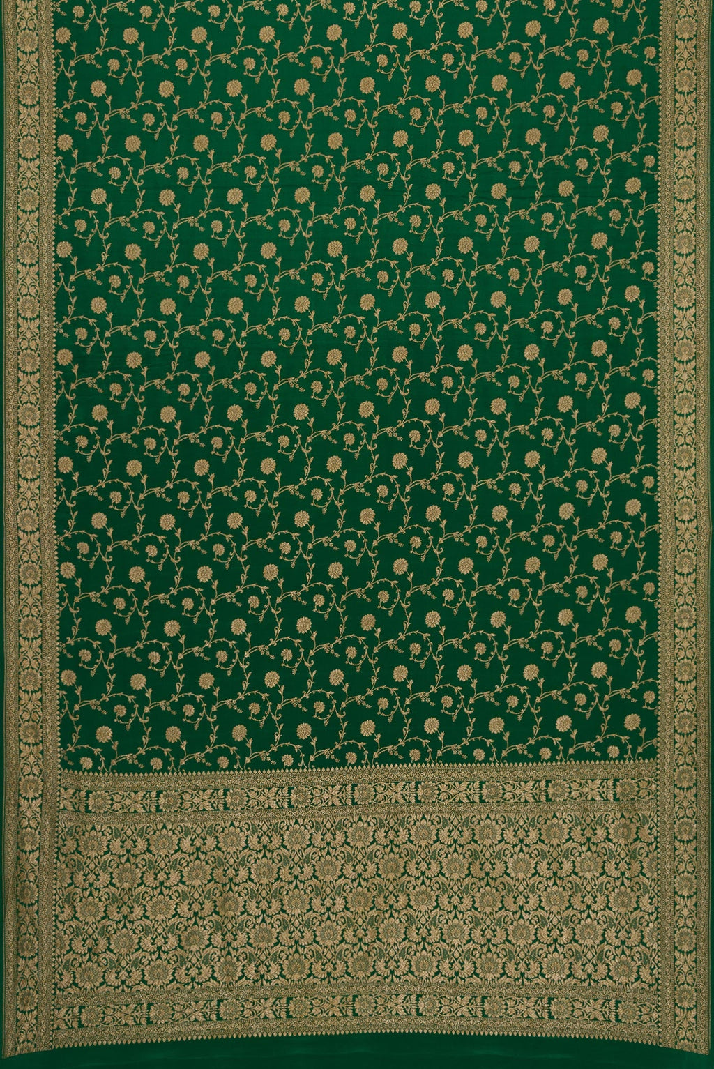 Flat view of Bottle Green Dual Tone Mysore Georgette Saree with Zari Brocade on the body and Zari Border. 