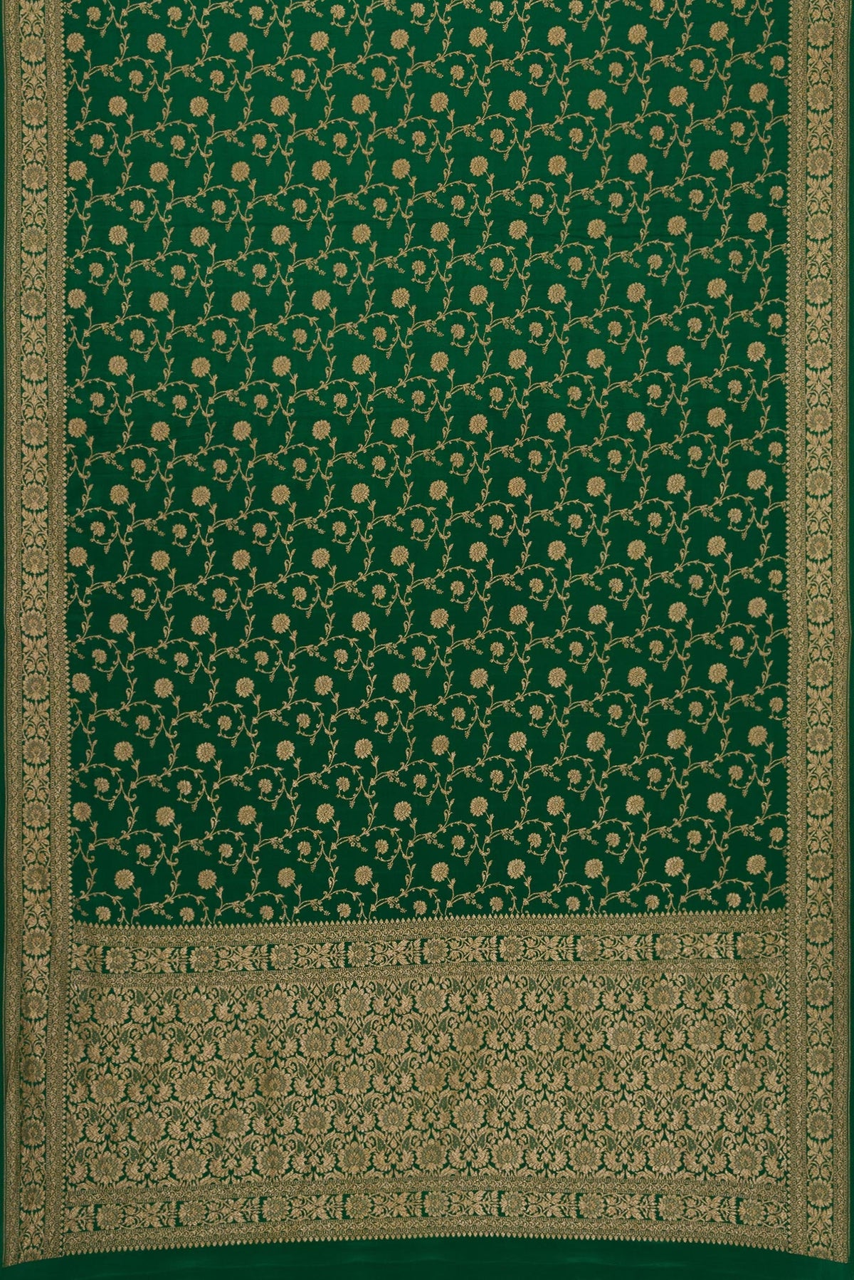 Flat view of Bottle Green Dual Tone Mysore Georgette Saree with Zari Brocade on the body and Zari Border. 