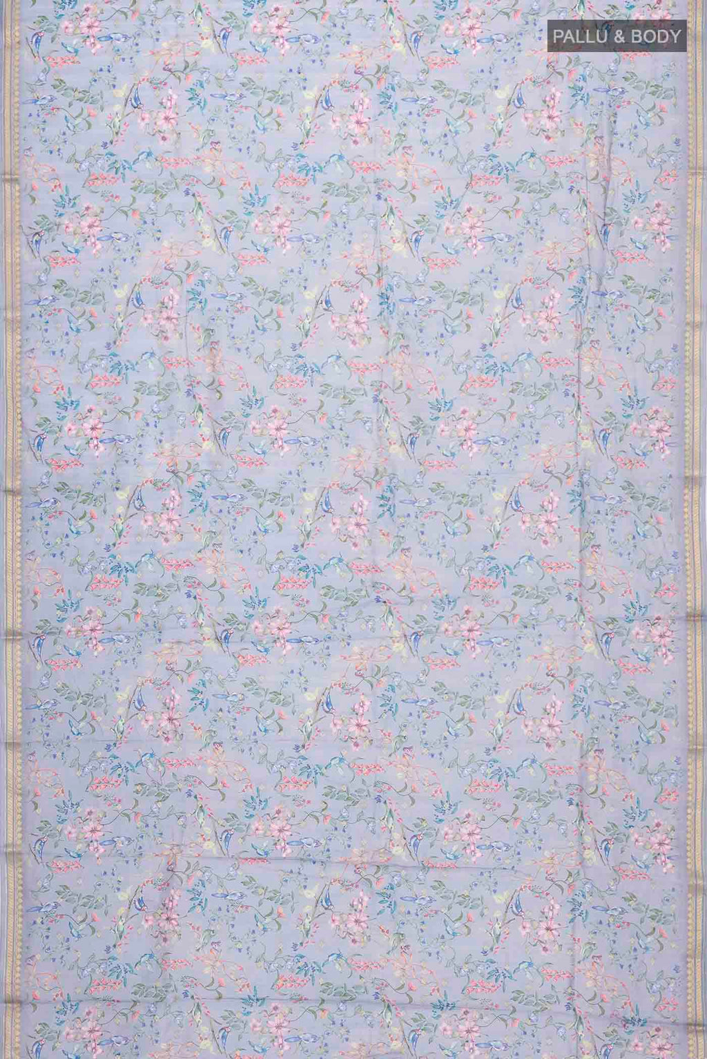 Flat view of Blue Silk Cotton Saree with Printed design on the body and Zari Border