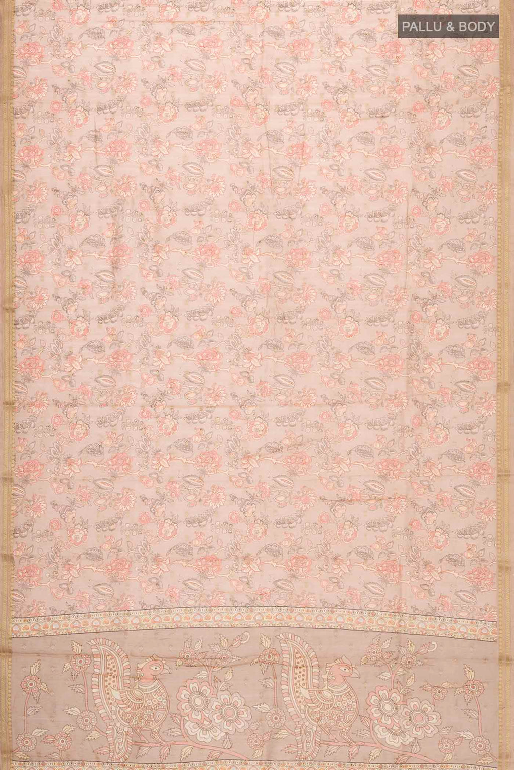Flat view of Brown Silk Cotton Saree with Printed design on the body and Zari Border