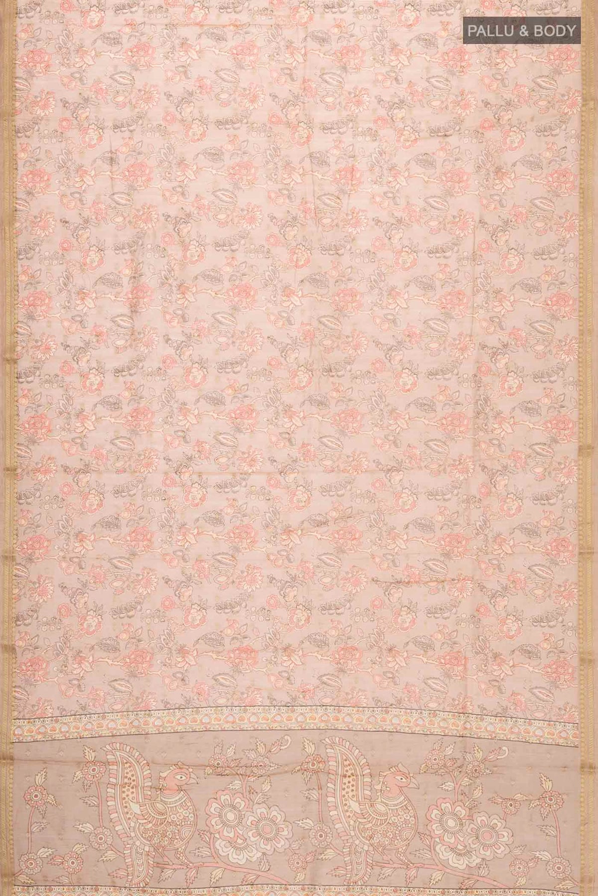 Flat view of Brown Silk Cotton Saree with Printed design on the body and Zari Border