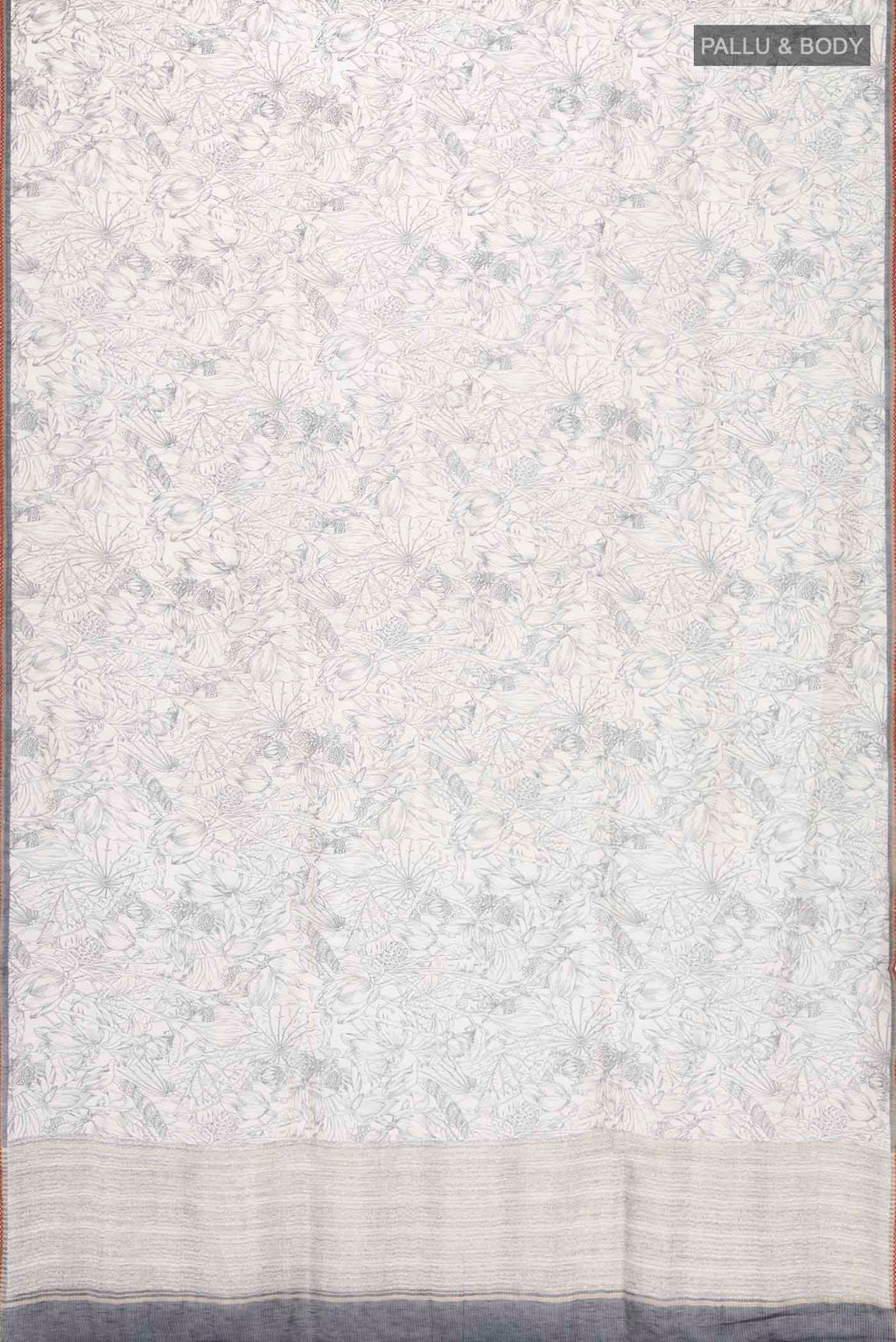 Flat view of White Bhagalpuri Tussar Silk Saree with Printed design on the body and Zari Border