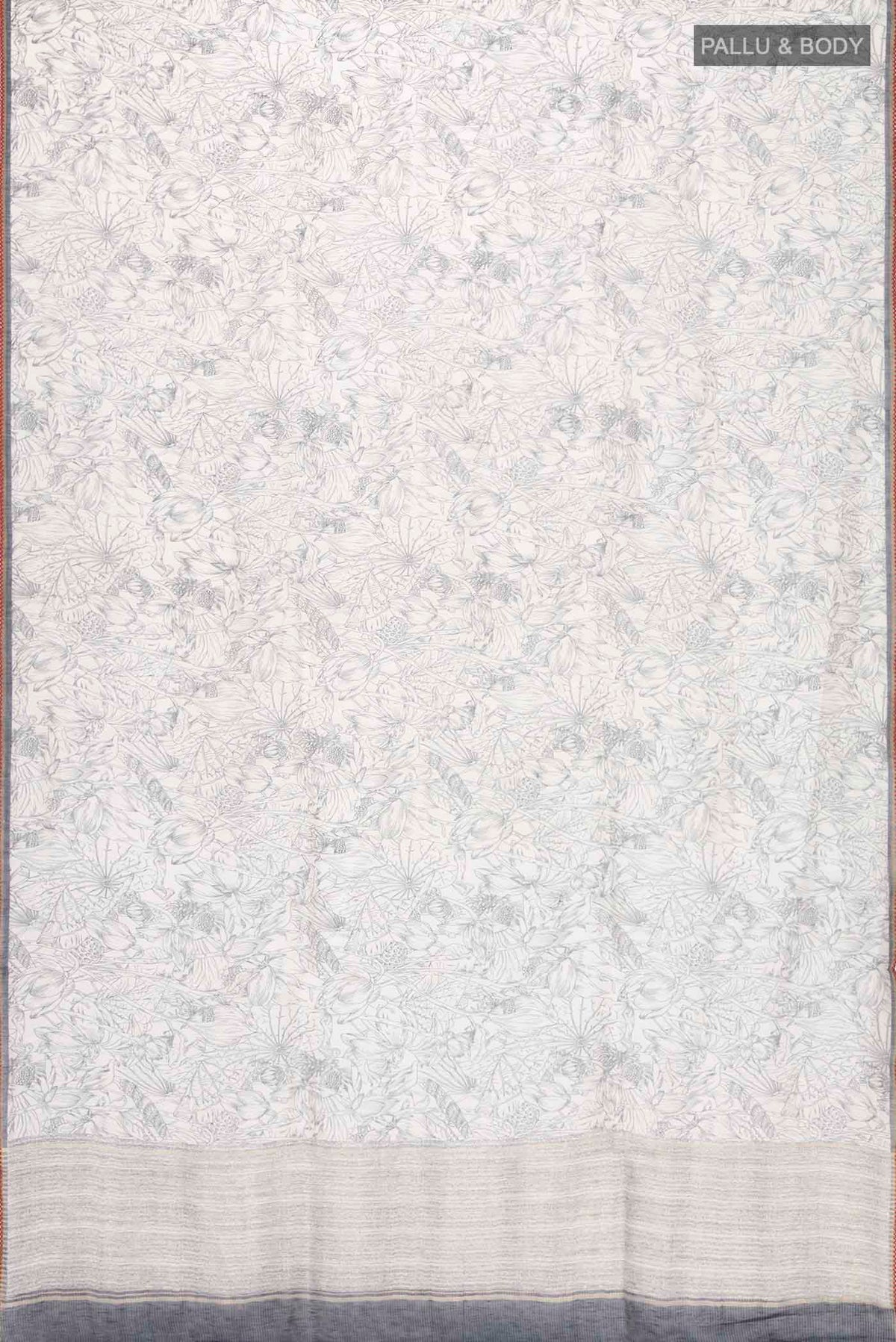 Flat view of White Bhagalpuri Tussar Silk Saree with Printed design on the body and Zari Border