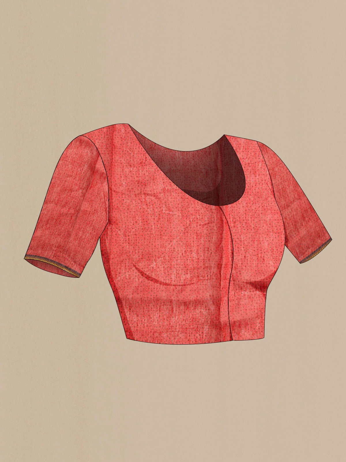 Close up image of the blouse of Red Linen Cotton Saree with Printed design on the body and Zari Border