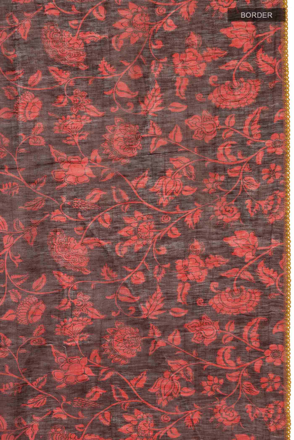 Border image of Red Linen Cotton Saree with Printed design on the body and Zari Border