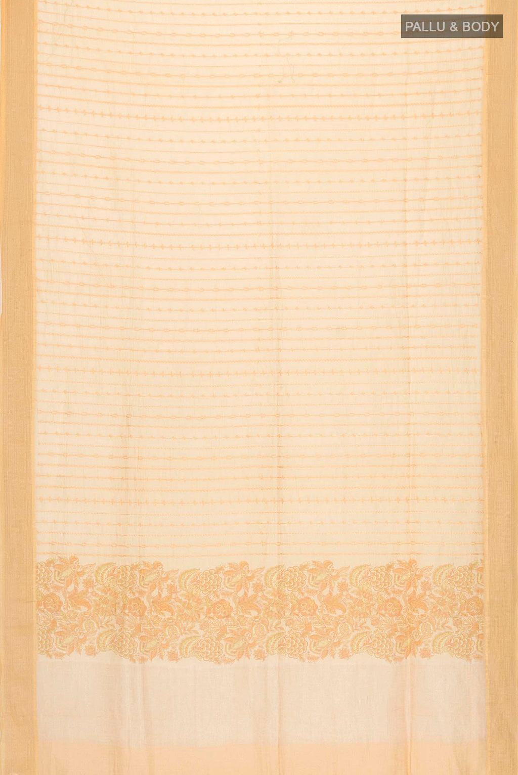 Flat view of Yellow Linen Cotton Saree with Stripes on the body and Thread Border