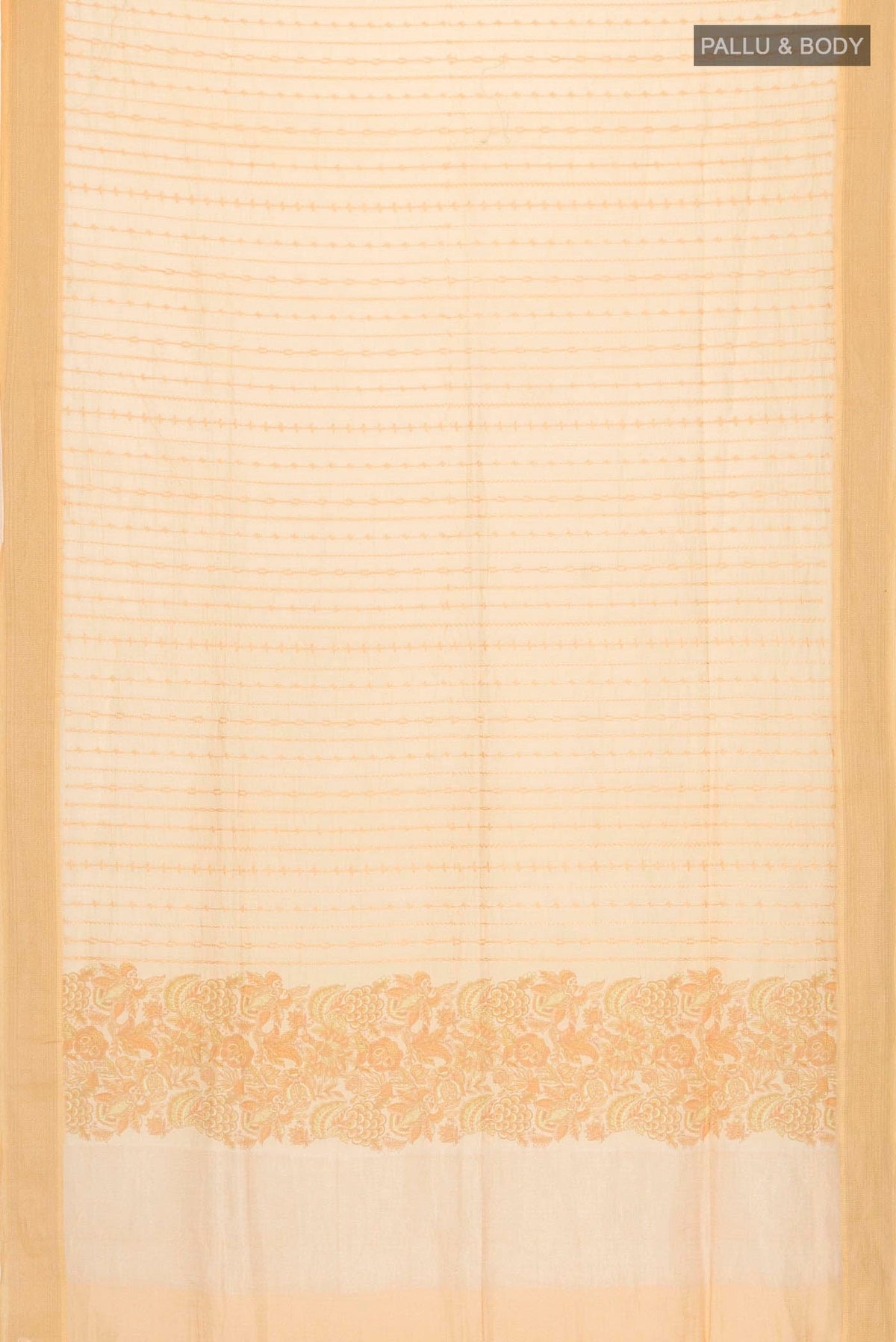 Flat view of Yellow Linen Cotton Saree with Stripes on the body and Thread Border