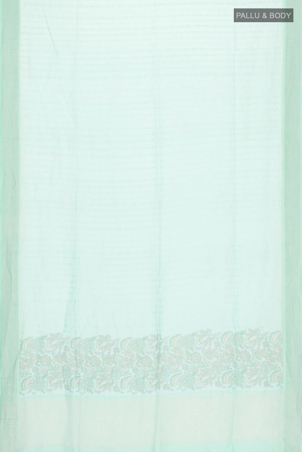Flat view of Green Silk Cotton Saree with Printed design on the body and Zari Border
