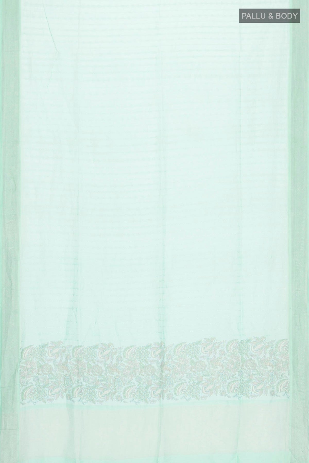 Flat view of Green Silk Cotton Saree with Printed design on the body and Zari Border