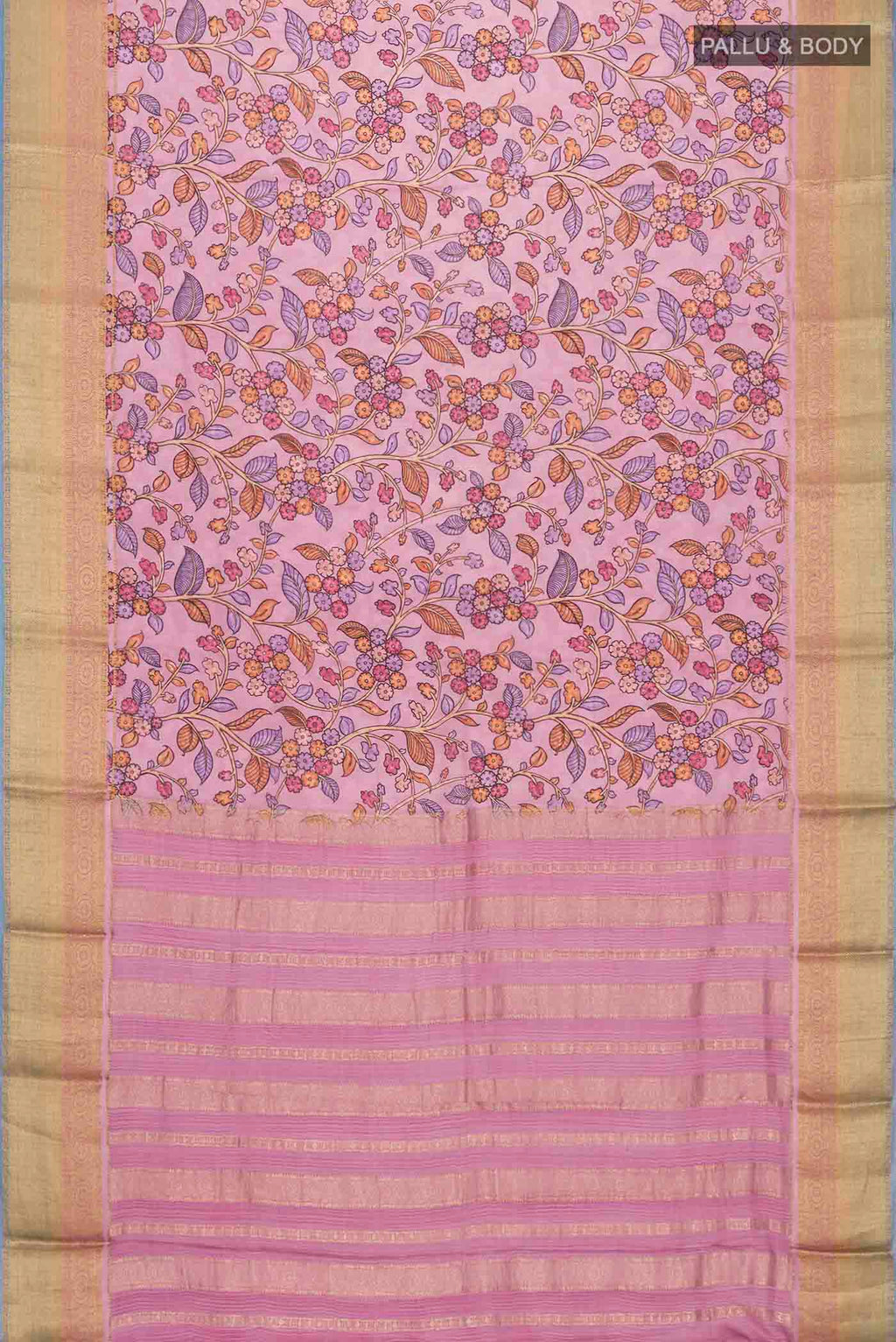 Flat view of Mauve Mysore Crepe Saree with Printed design on the body and Zari Border