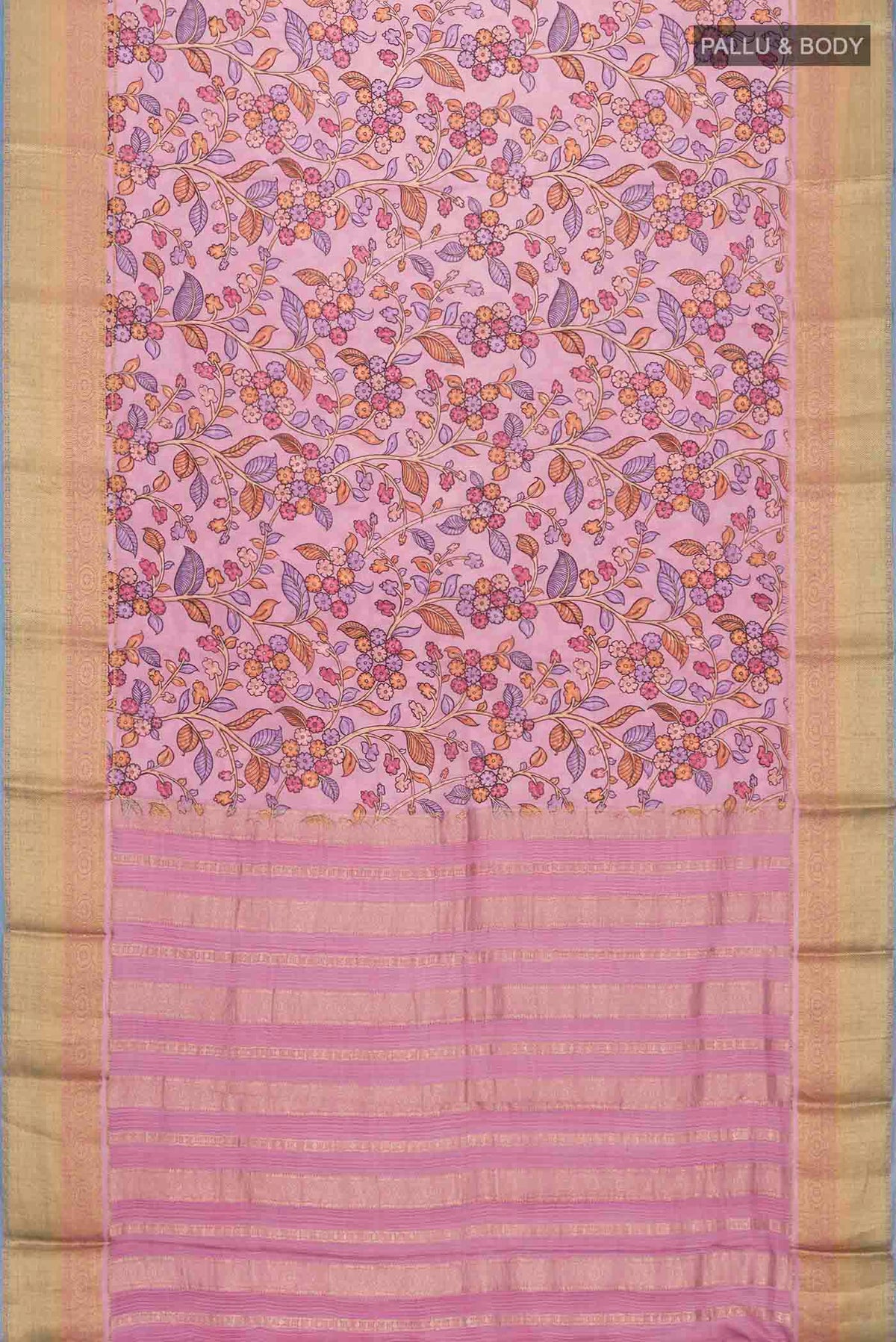 Flat view of Mauve Mysore Crepe Saree with Printed design on the body and Zari Border