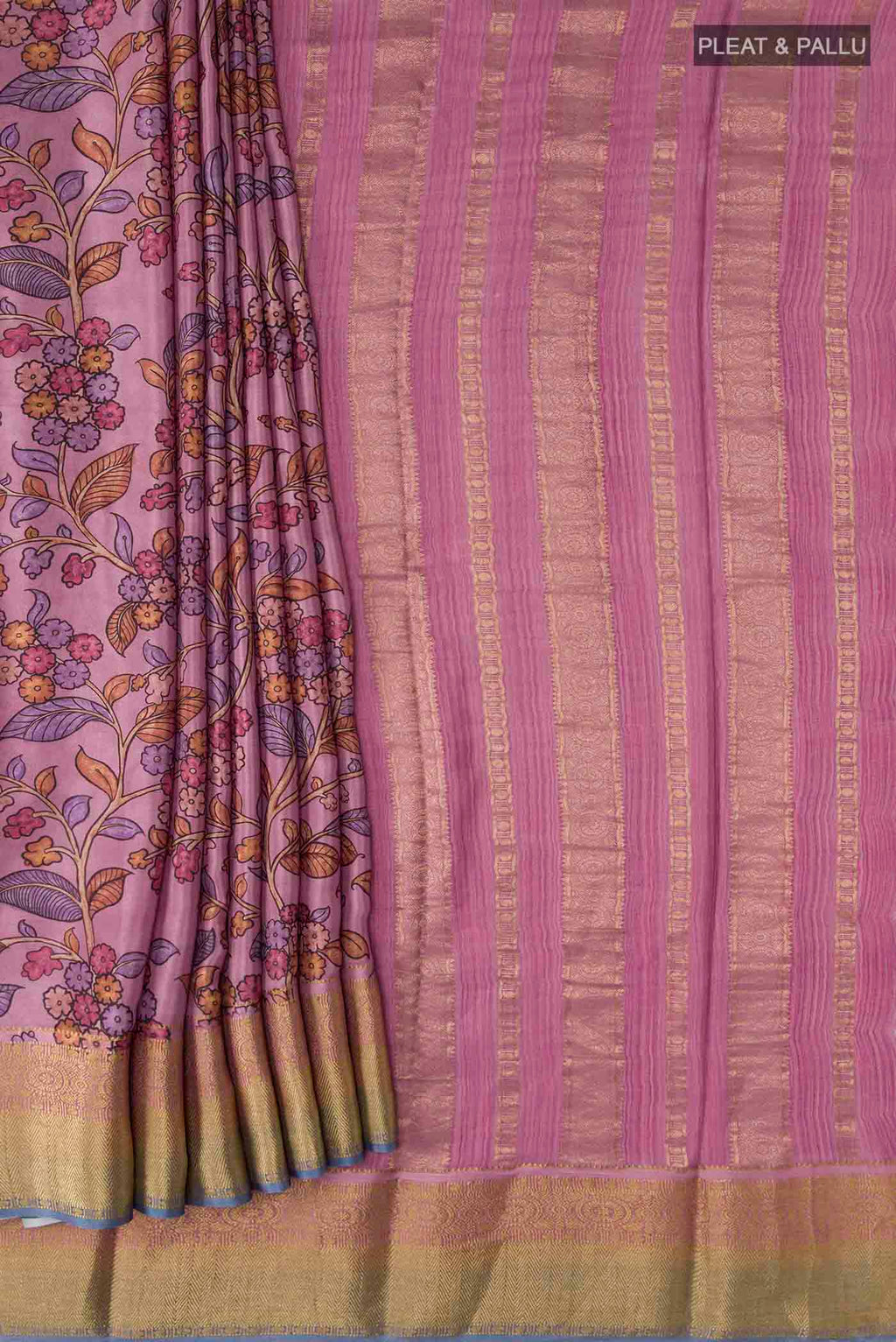 Pleats and pallu of Mauve Mysore Crepe Saree with Printed design on the body and Zari Border
