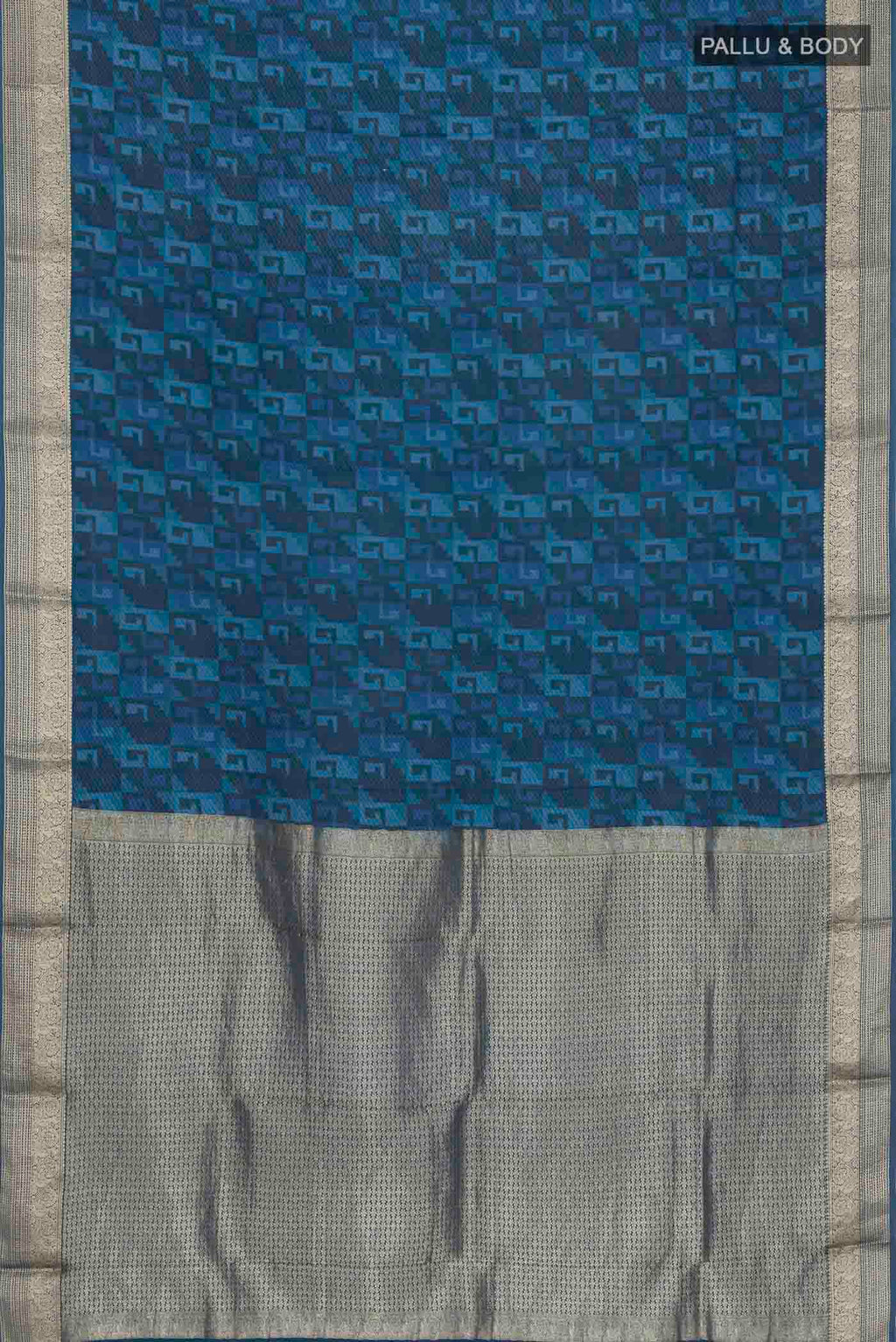 Flat view of Blue Mysore Crepe Saree with Printed design on the body and Zari Border