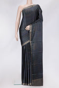 Navy Blue Dual Tone Crepe Saree with Printed design on the body and Zari Border.  displayed on a mannequin