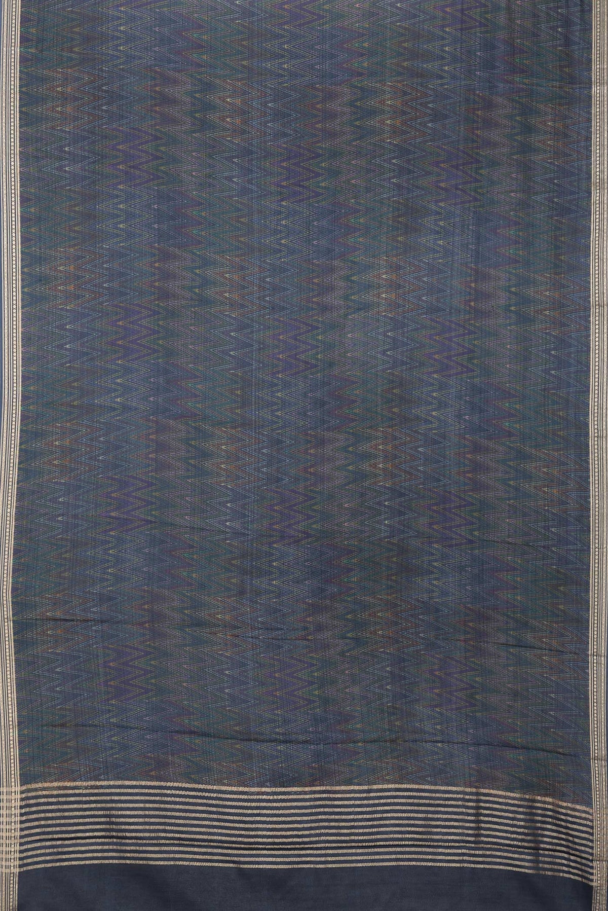 Flat view of Navy Blue Dual Tone Crepe Saree with Printed design on the body and Zari Border. 